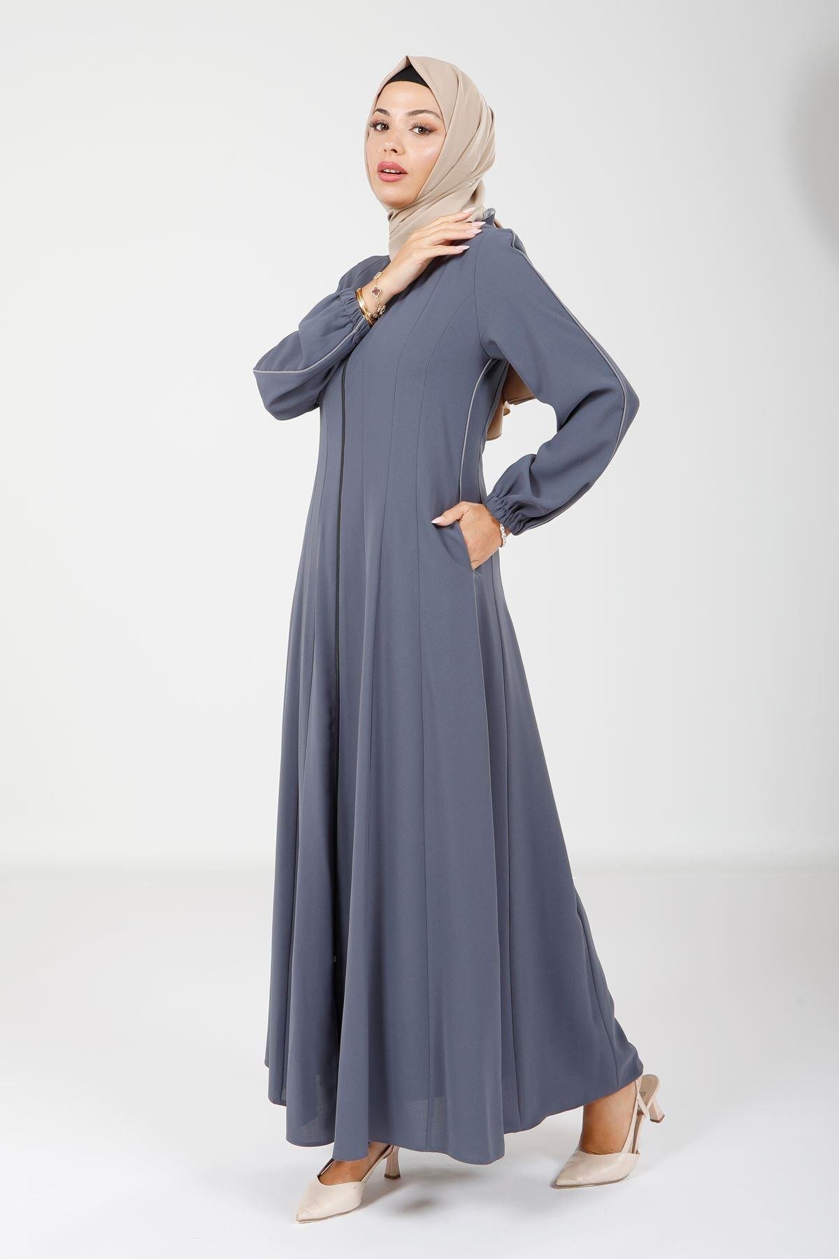 Flared Cut Zippered Piping Detail Abaya - Smoke - Beyza