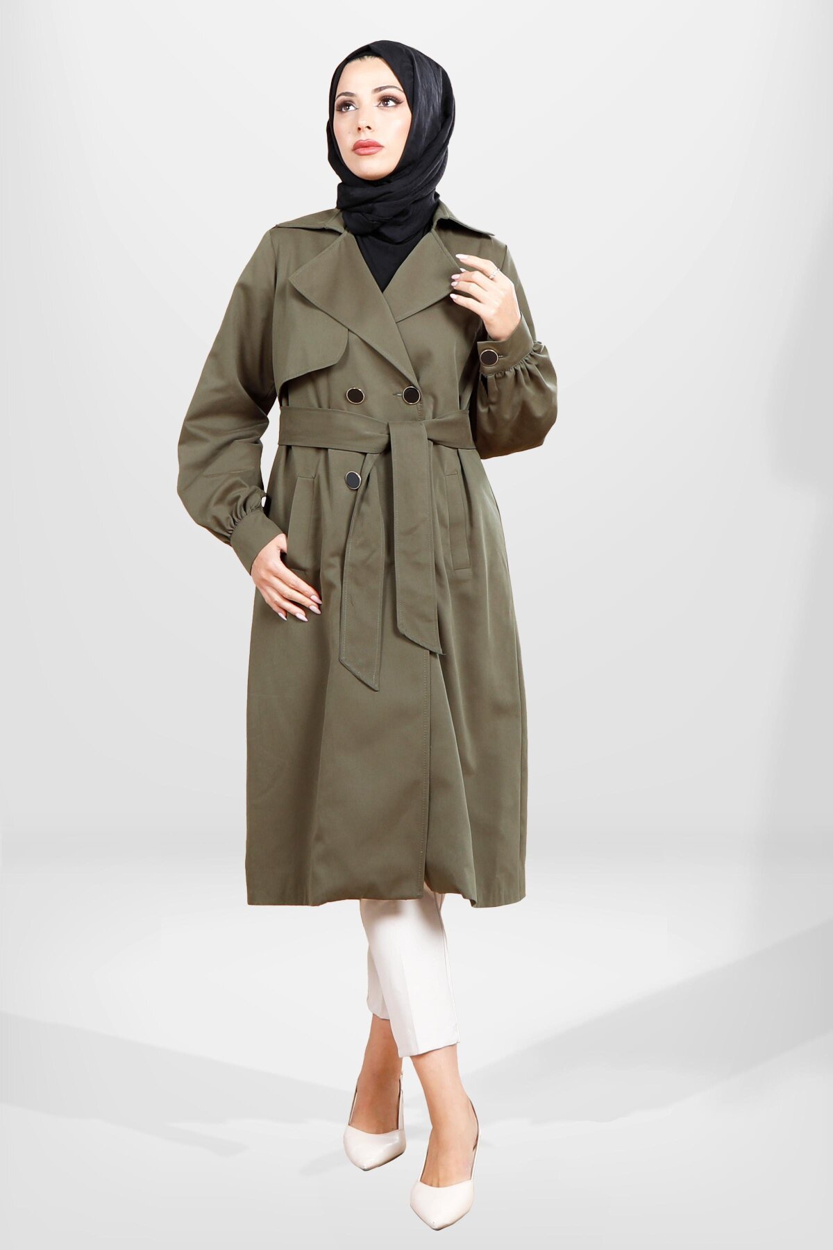 Haki Düğmeli Kuşaklı Büzgü Kol Trençkot - Beyza