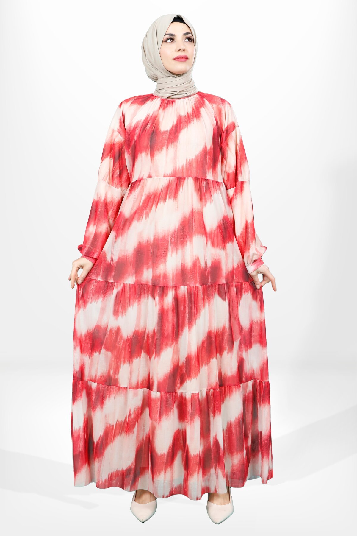 Kırmızı Katlı Tül Tesettür Elbise - Beyza