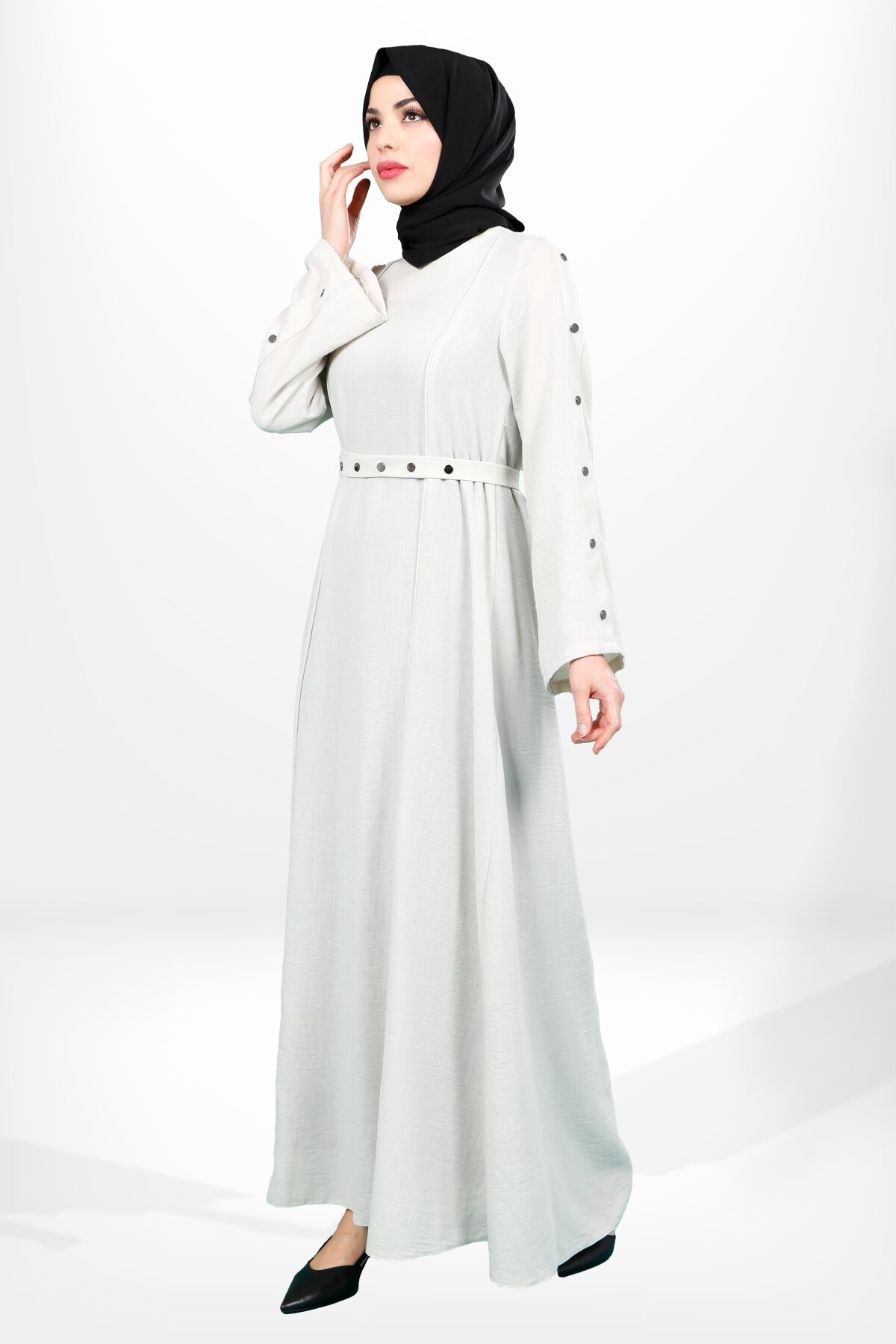 Kuşaklı Taş Çıtçıtlı Düğme Detaylı Tesettür Elbise - Beyza