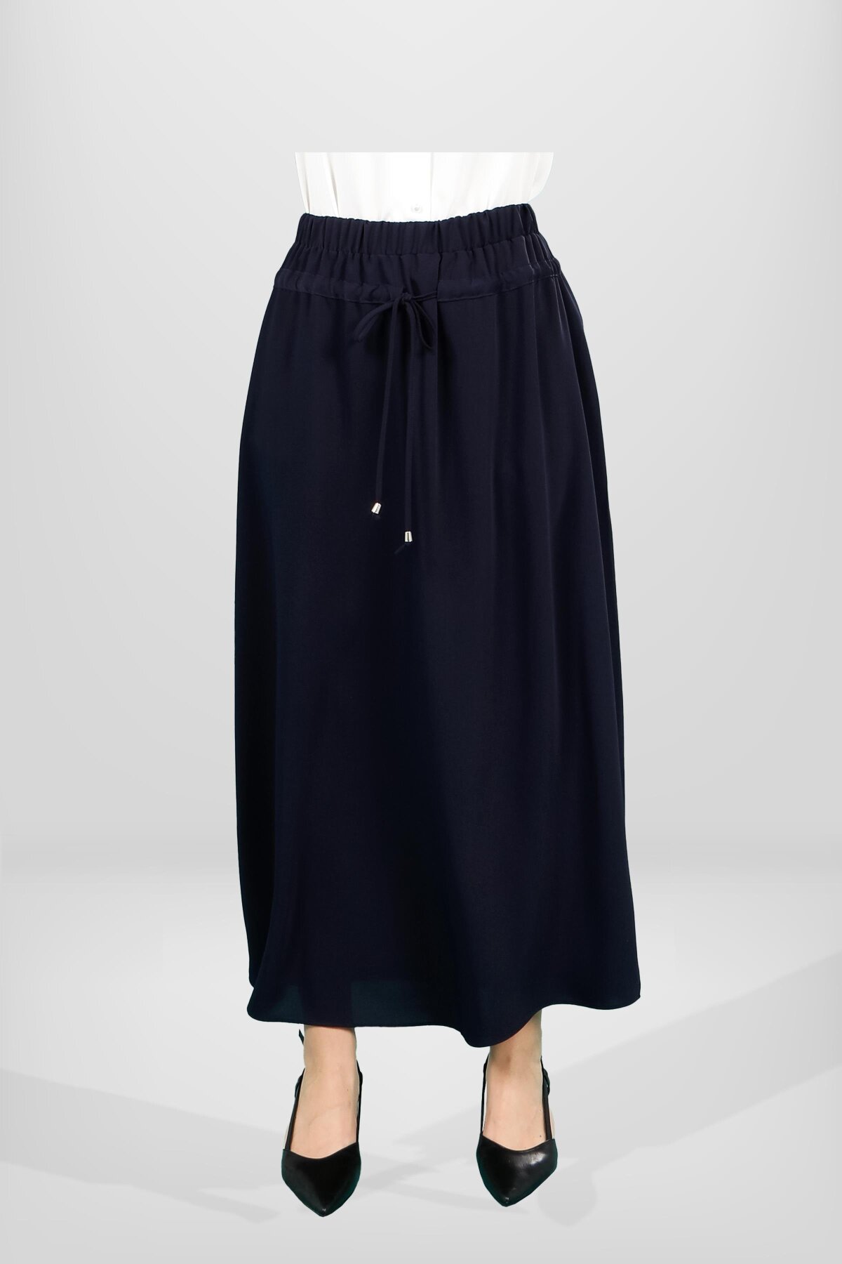 Lacivert Beli Lastikli Büzgülü Tesettür Etek - Beyza