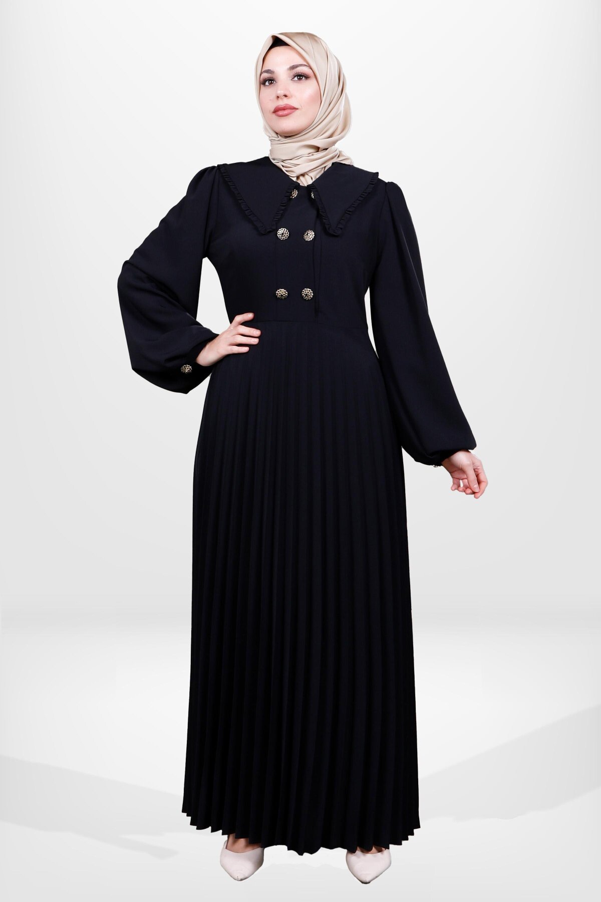 Siyah Eteği Piliseli Düğme Detaylı Tesettür Elbise - Beyza