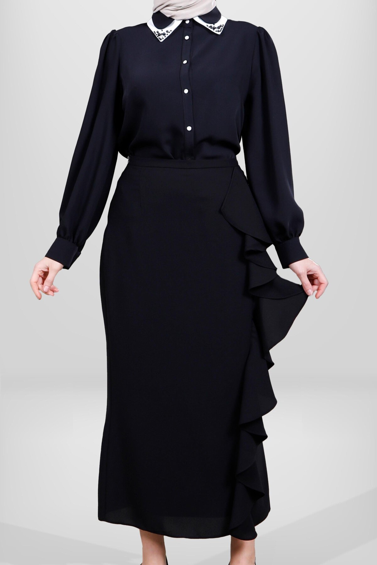Modest Ruffled Skirt - Black - Beyza