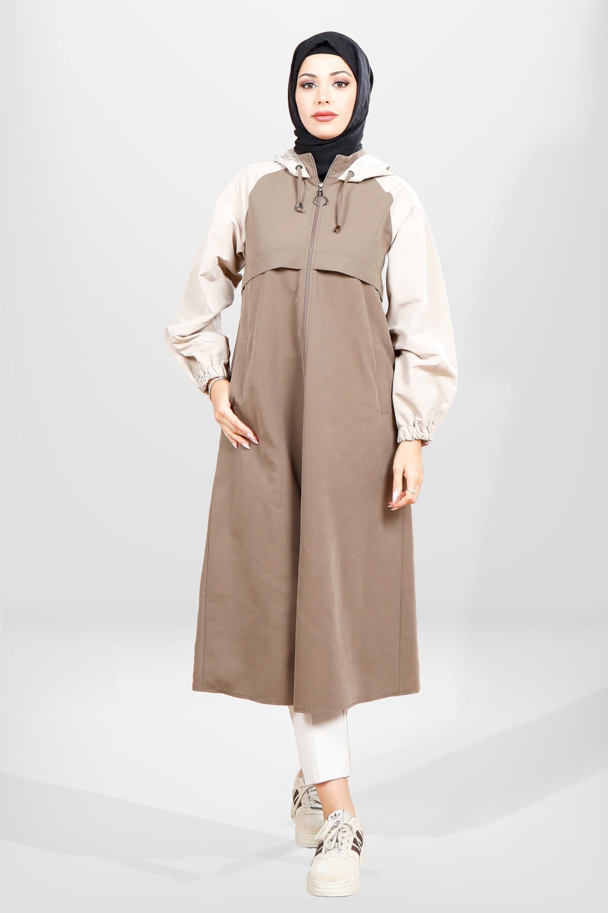 Hooded Trimmed Trench Coat - Earthy Tone - Beyza