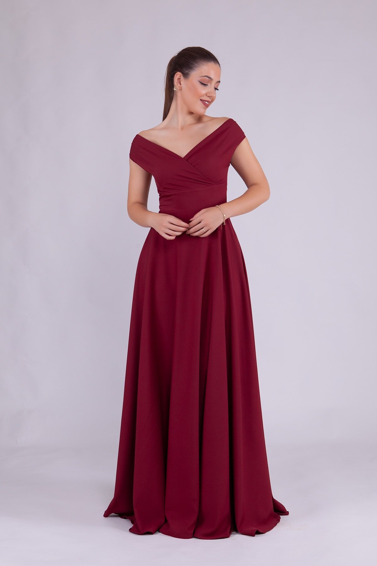 Long Draped Flared Woven Fabric Boat Neck Evening Dress - Burgundy - Bidoluelbise