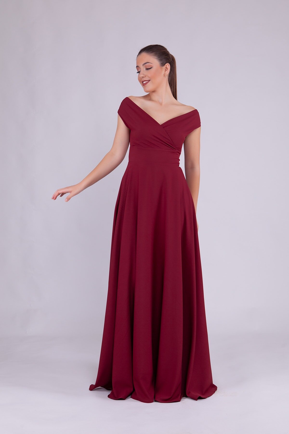 Long Draped Flared Woven Fabric Boat Neck Evening Dress - Burgundy - Bidoluelbise