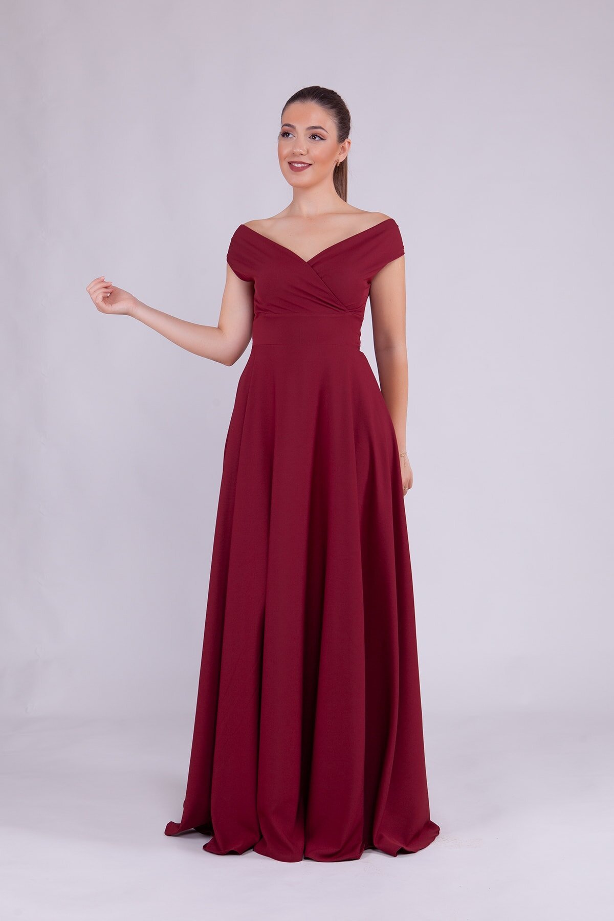 Long Draped Flared Woven Fabric Boat Neck Evening Dress - Burgundy - Bidoluelbise