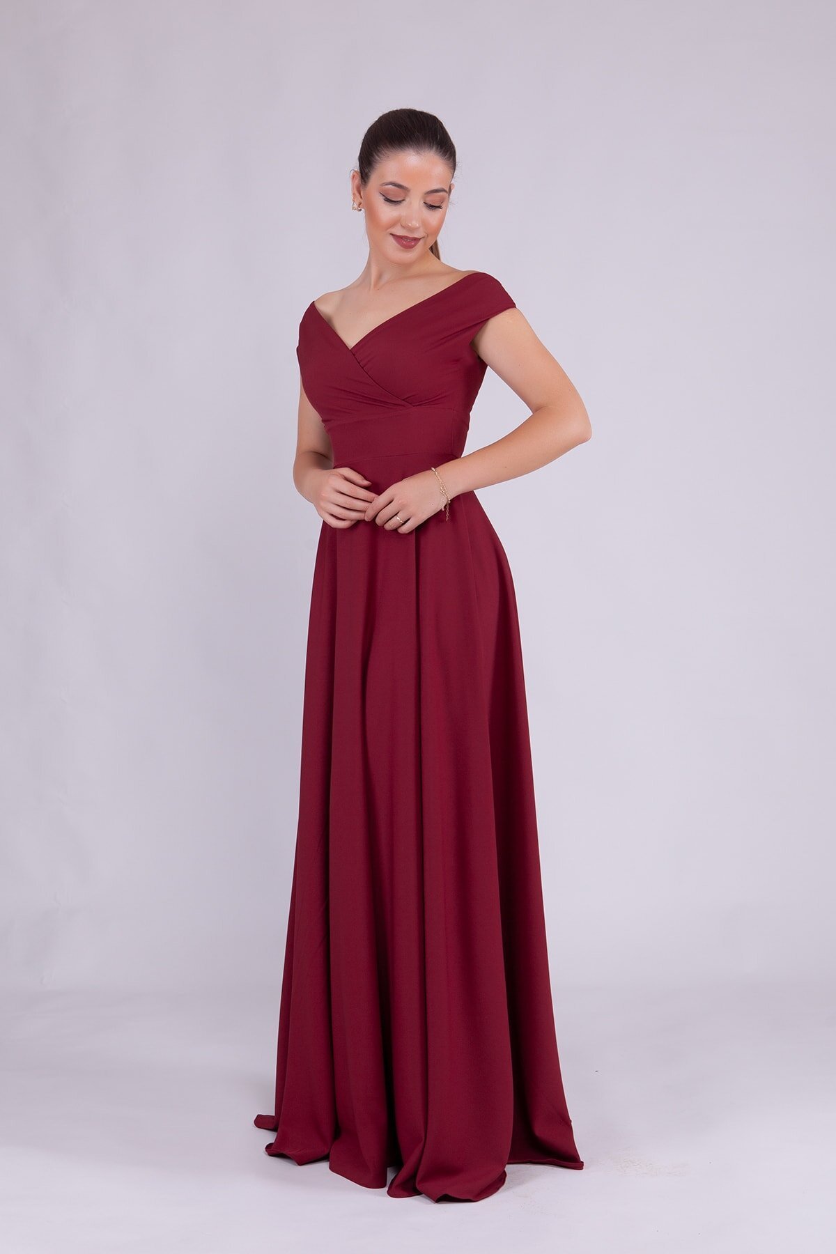 Long Draped Flared Woven Fabric Boat Neck Evening Dress - Burgundy - Bidoluelbise