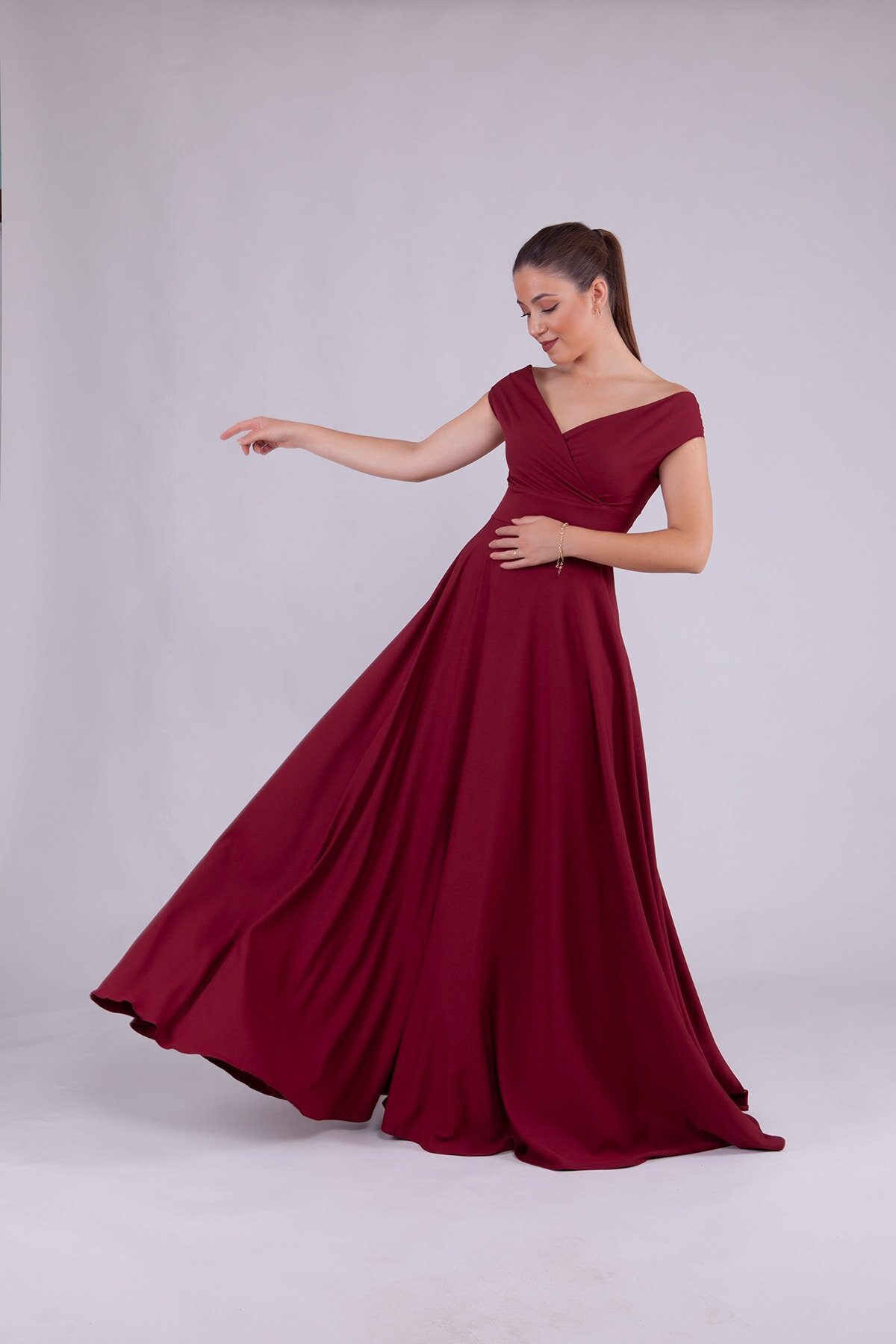 Long Draped Flared Woven Fabric Boat Neck Evening Dress - Burgundy - Bidoluelbise