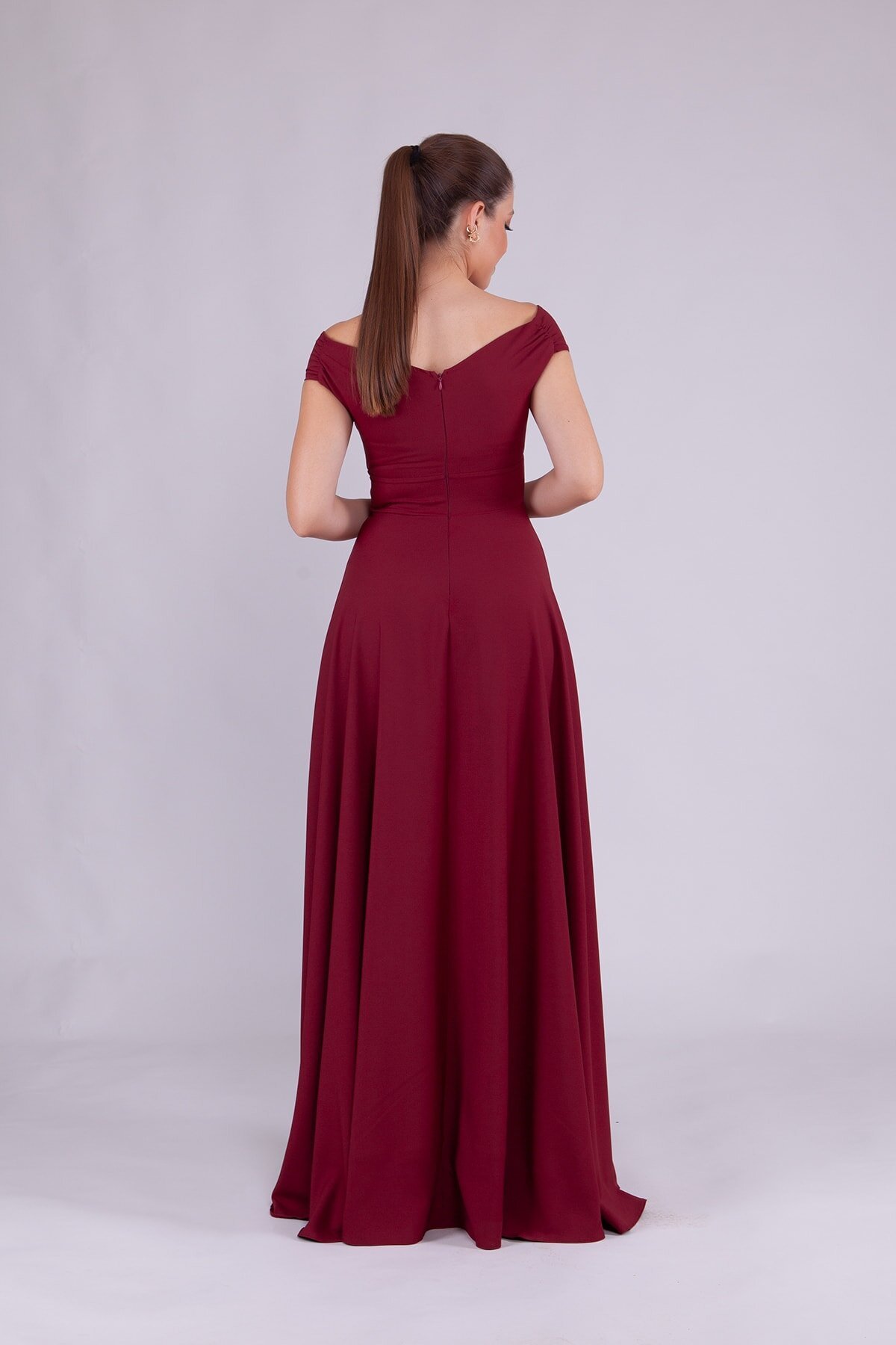 Long Draped Flared Woven Fabric Boat Neck Evening Dress - Burgundy - Bidoluelbise