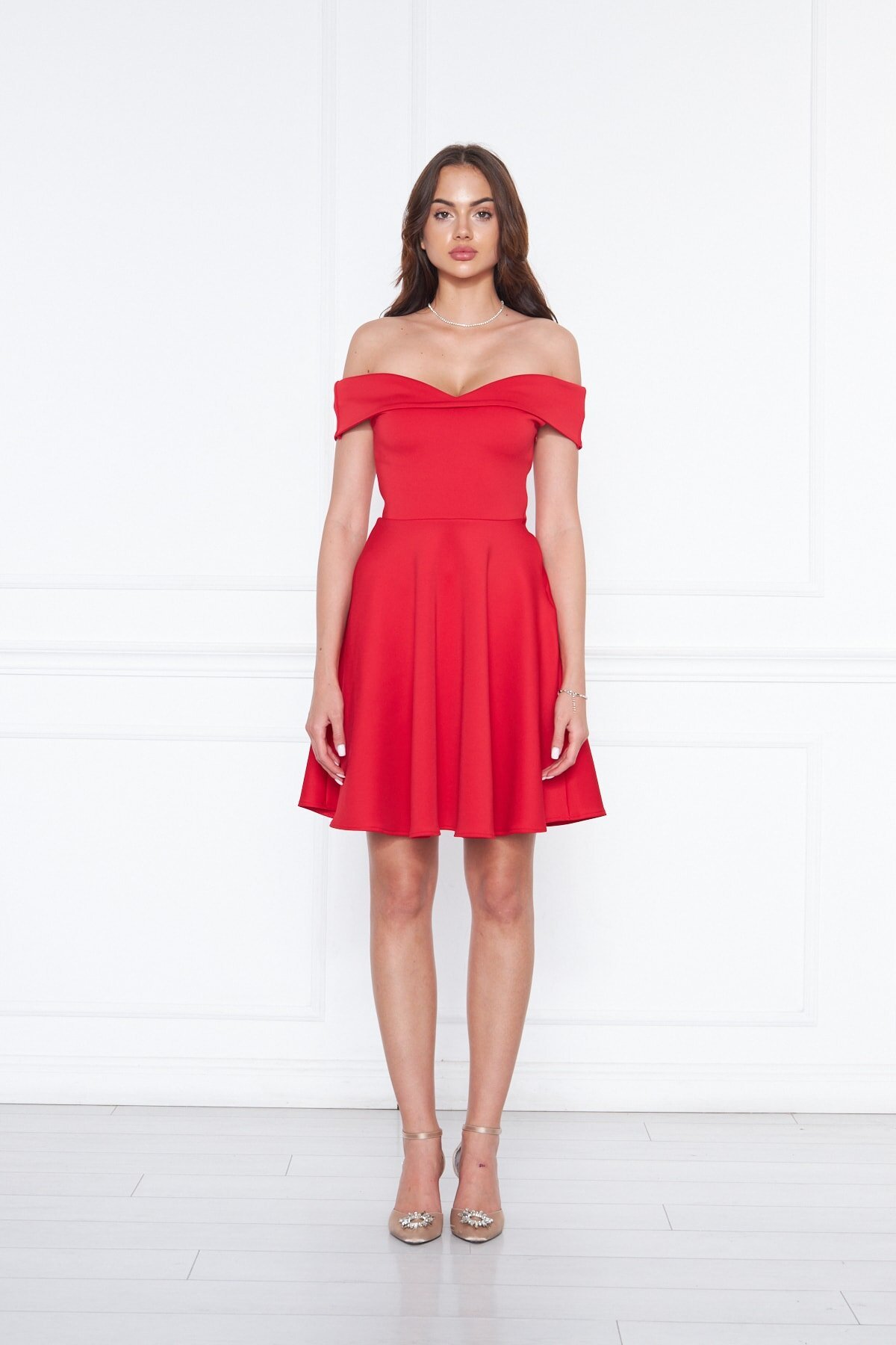 Mini Flared Scuba Sweetheart Neck Off-Shoulder Evening Dress - Red - Bidoluelbise