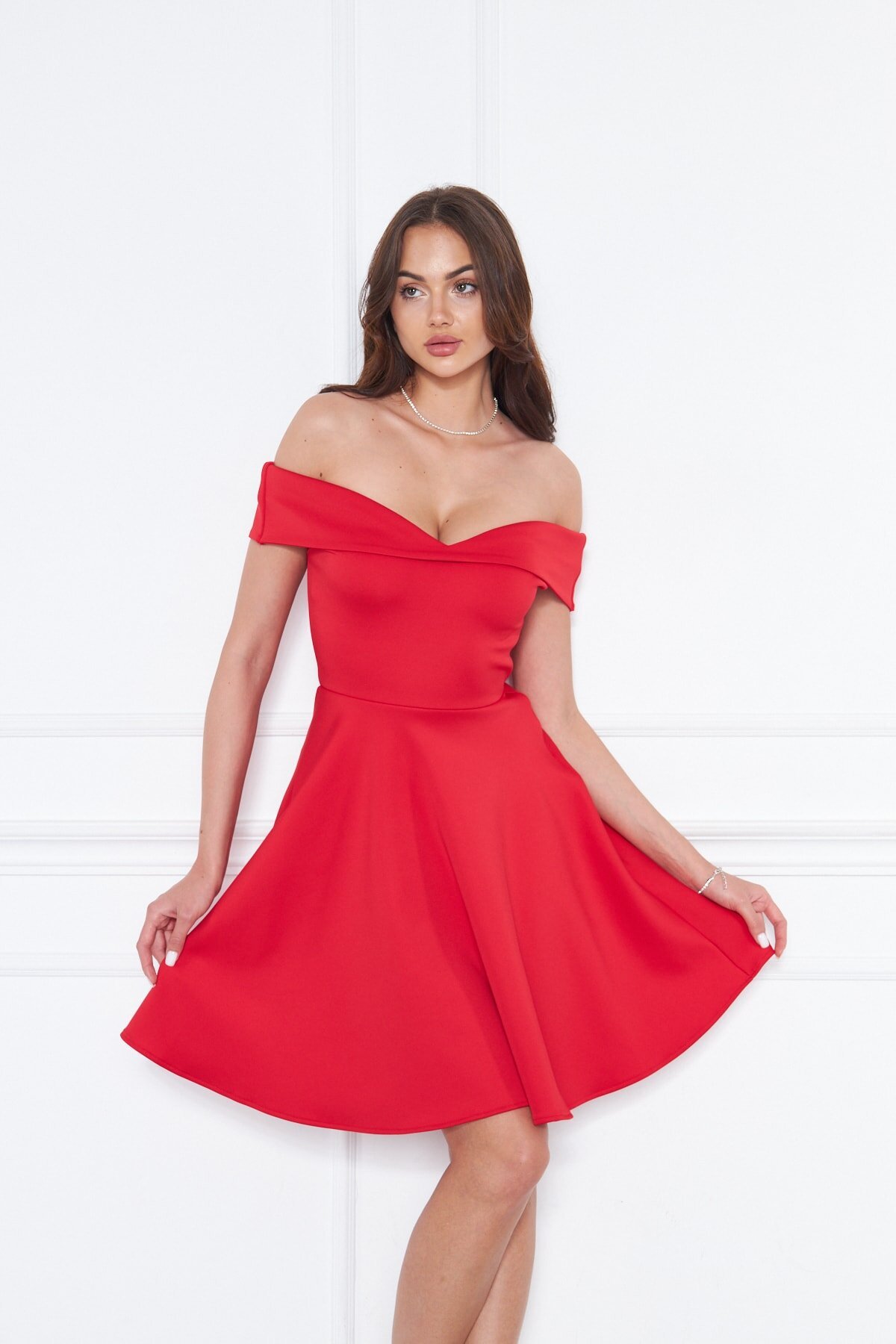 Mini Flared Scuba Sweetheart Neck Off-Shoulder Evening Dress - Red - Bidoluelbise