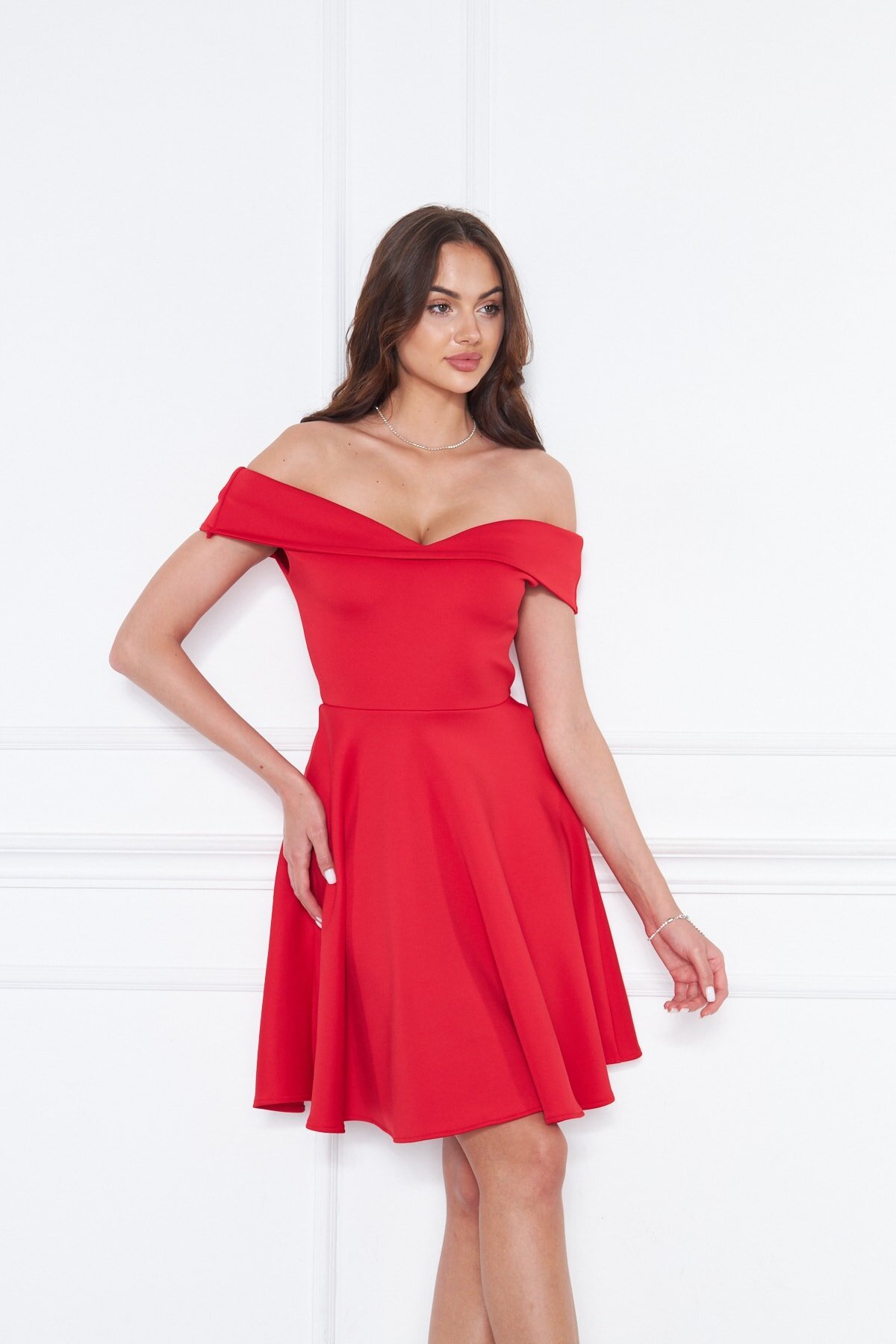Mini Flared Scuba Sweetheart Neck Off-Shoulder Evening Dress - Red - Bidoluelbise