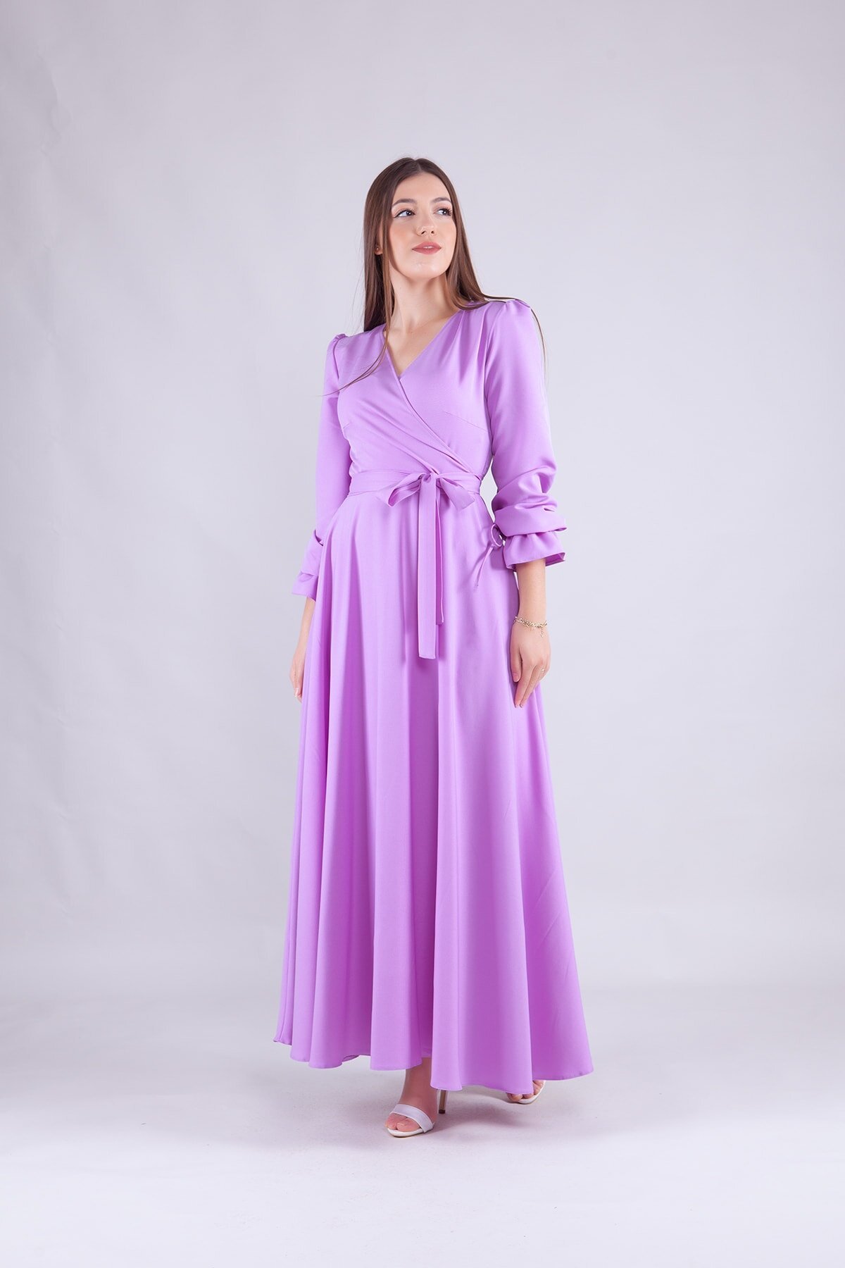 Lila Uzun Kol Kruvaze Yaka Elbise - Bidoluelbise