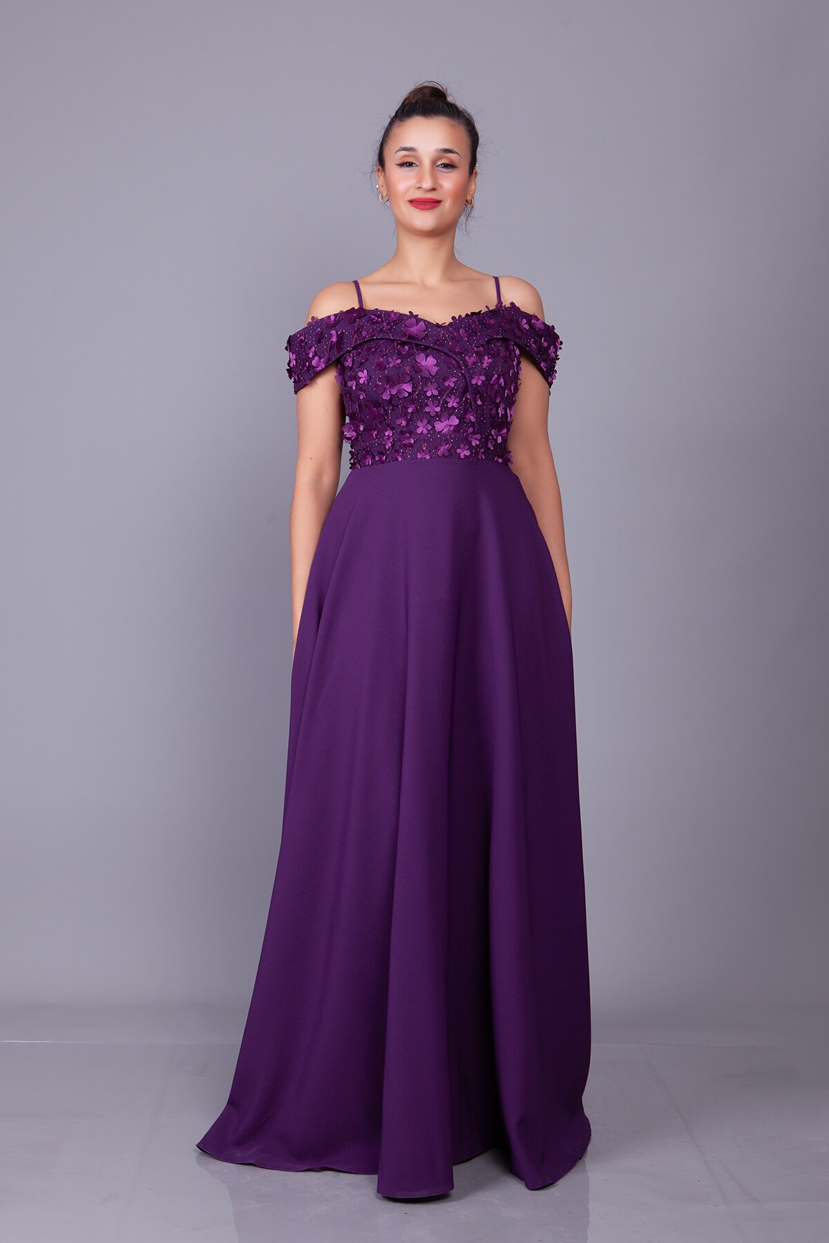 Long Flared Floral Tulle Off-Shoulder Evening Dress - Plum - Bidoluelbise