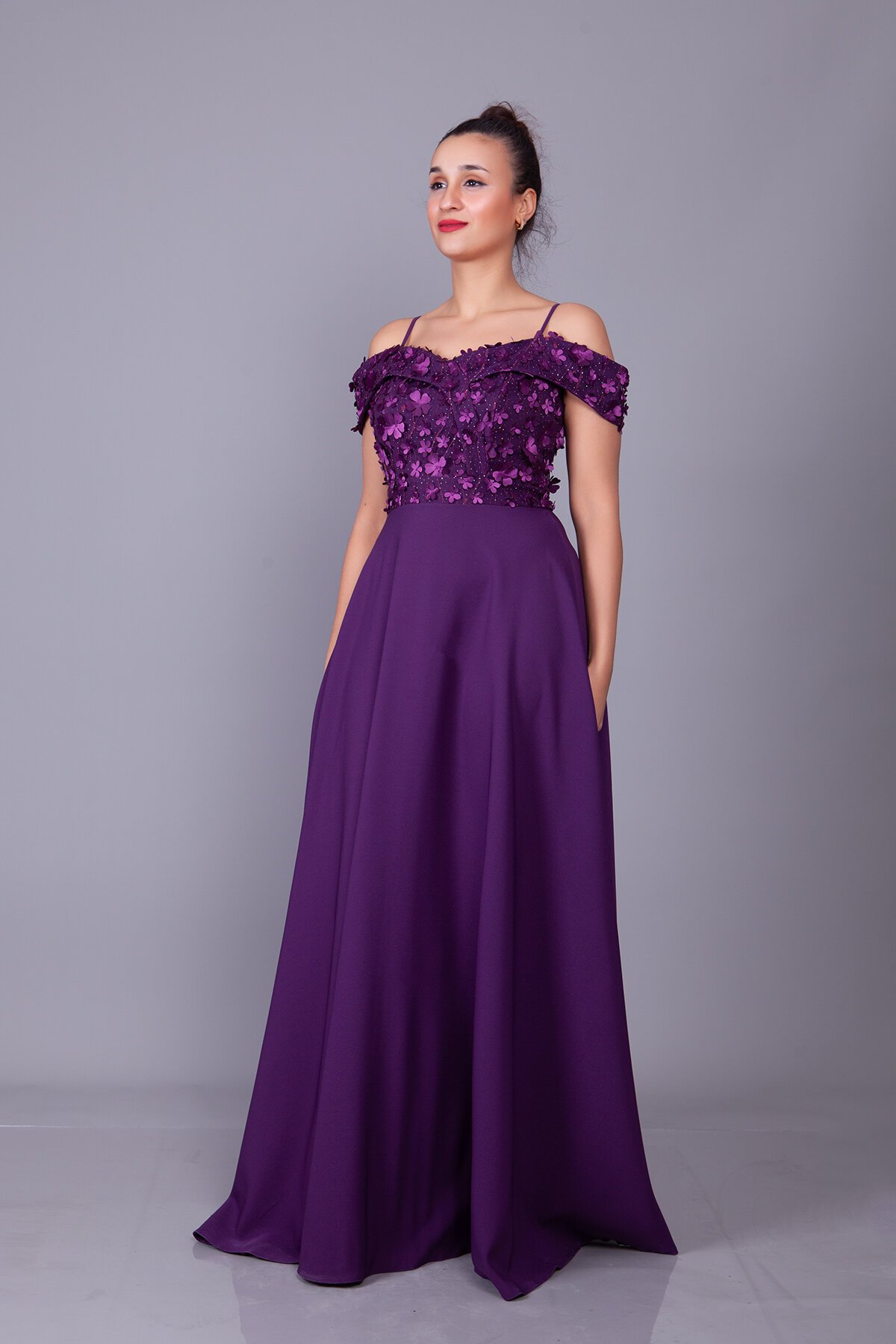 Long Flared Floral Tulle Off-Shoulder Evening Dress - Plum - Bidoluelbise