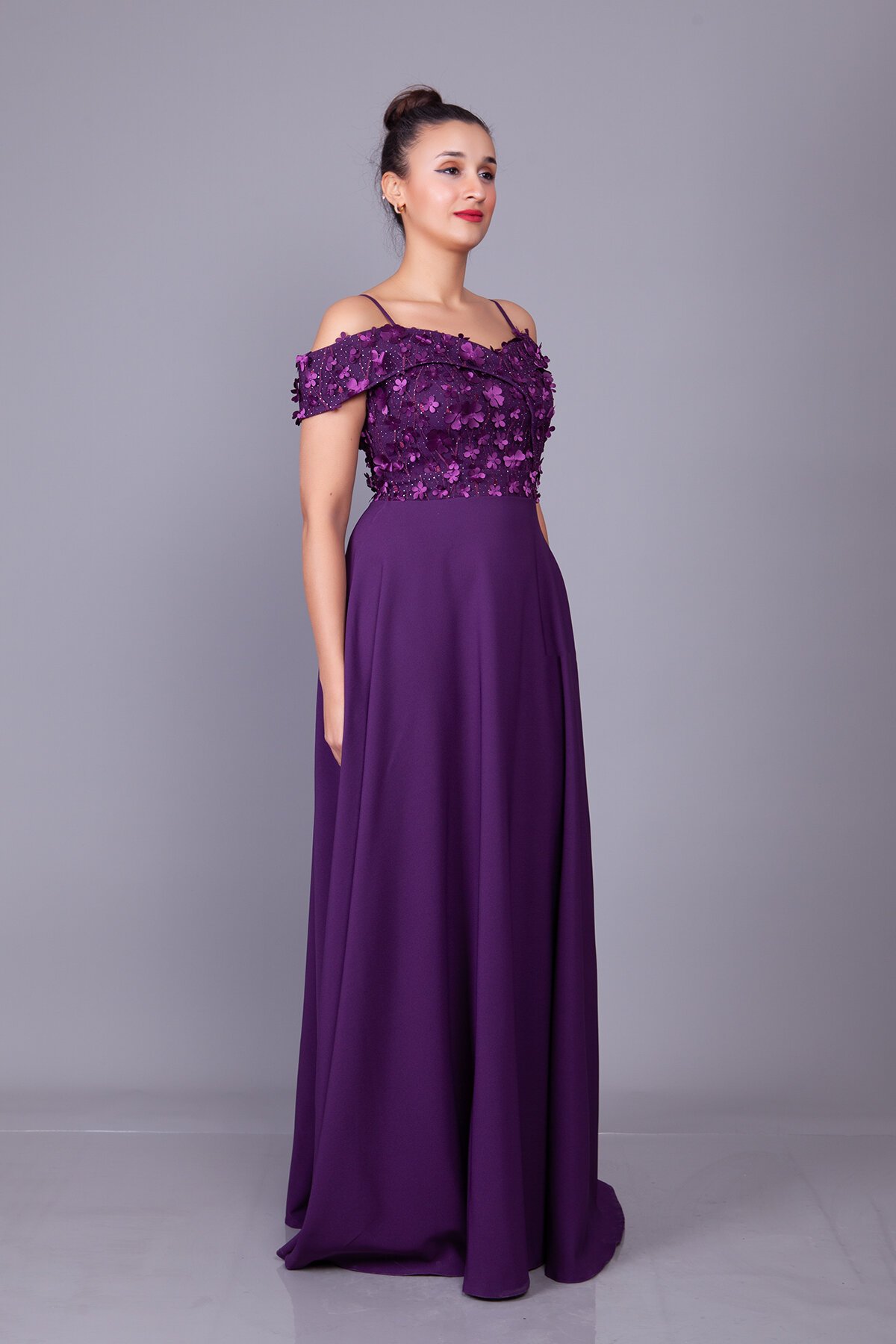 Long Flared Floral Tulle Off-Shoulder Evening Dress - Plum - Bidoluelbise