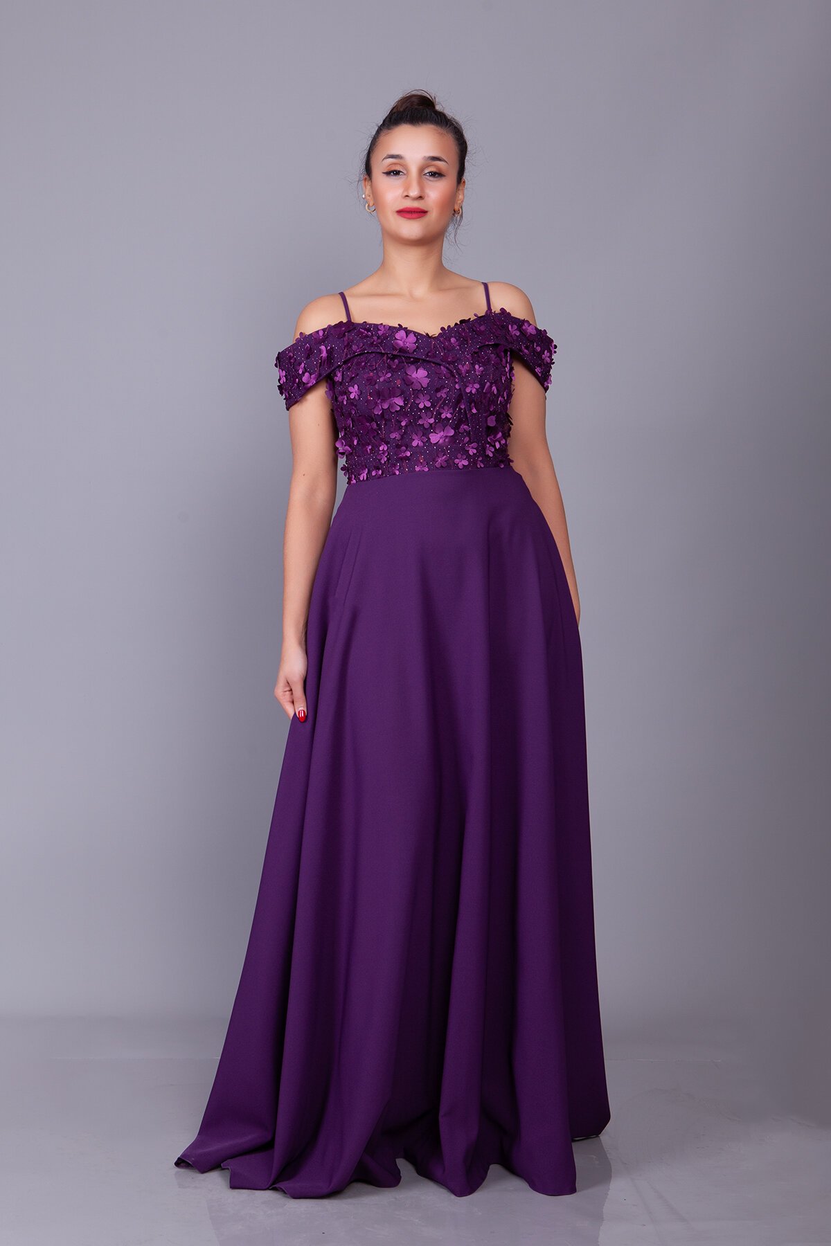 Long Flared Floral Tulle Off-Shoulder Evening Dress - Plum - Bidoluelbise