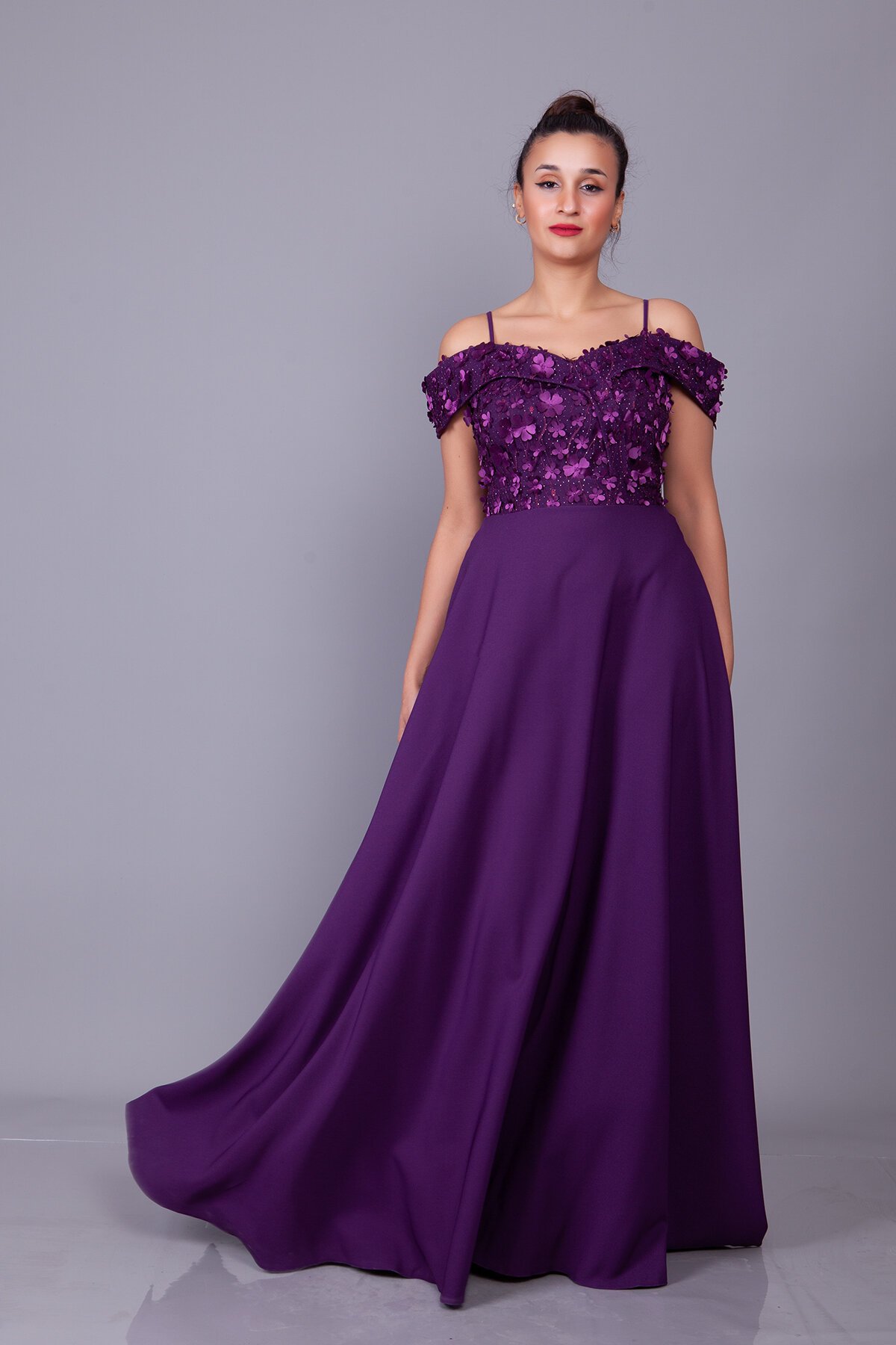 Long Flared Floral Tulle Off-Shoulder Evening Dress - Plum - Bidoluelbise