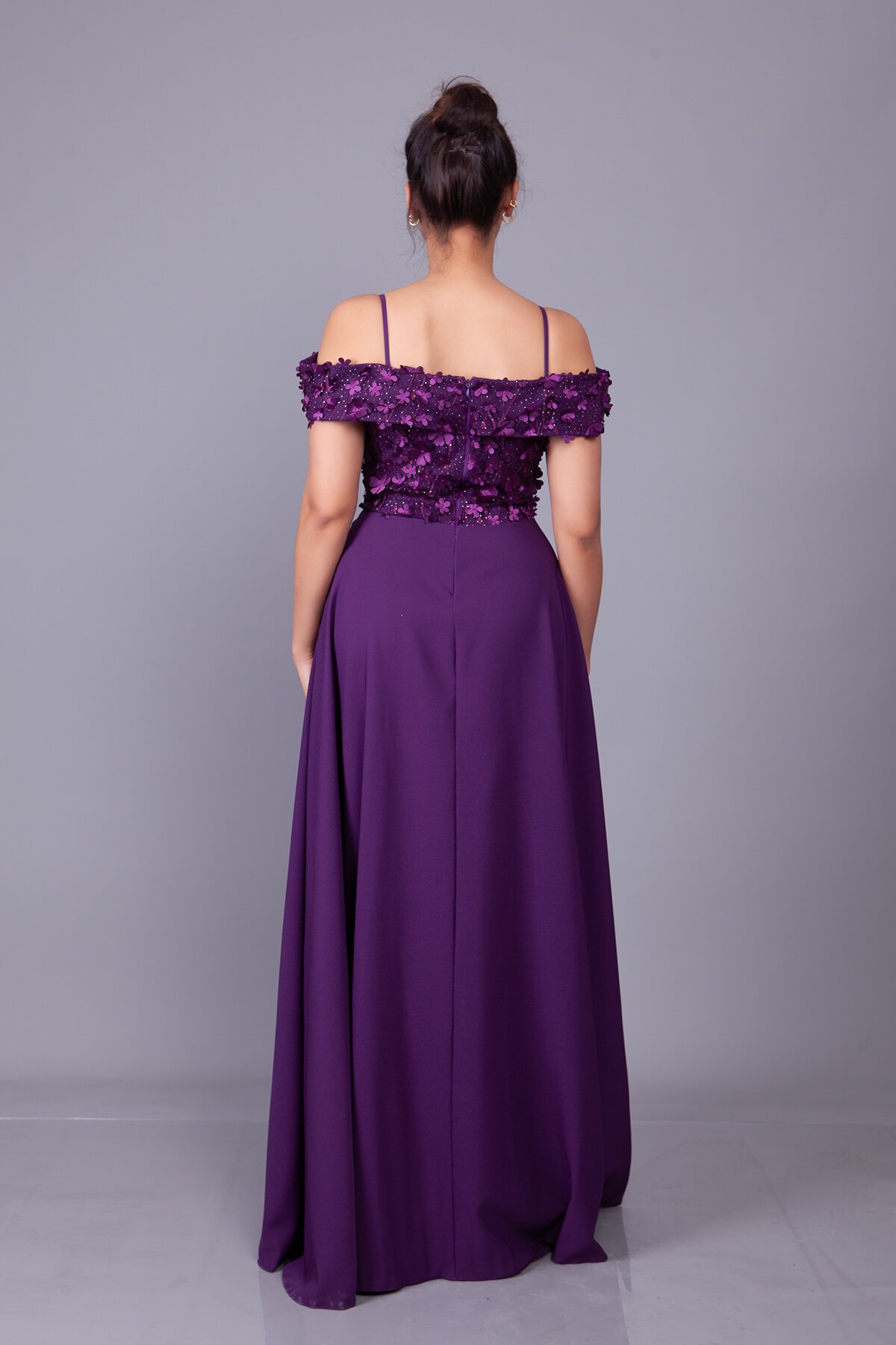 Long Flared Floral Tulle Off-Shoulder Evening Dress - Plum - Bidoluelbise