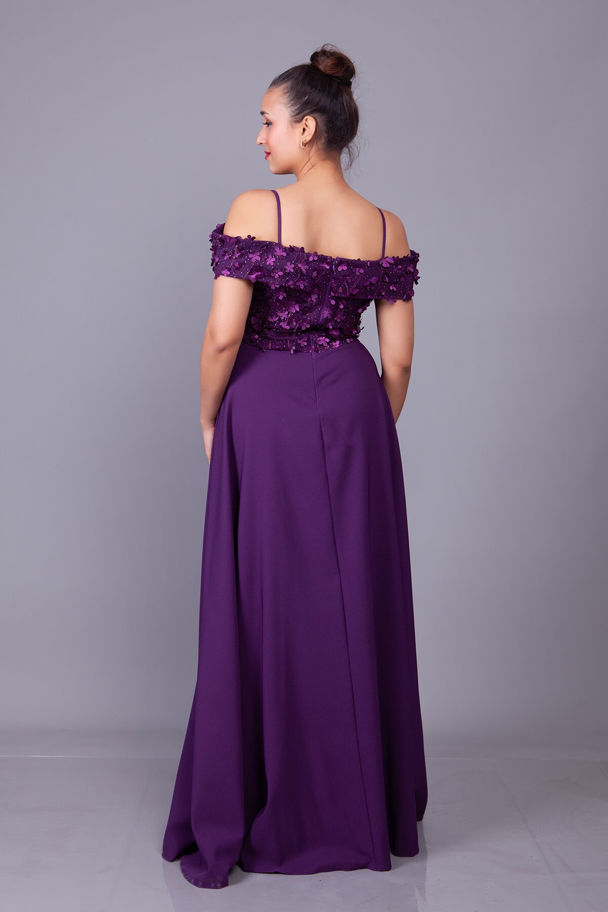 Long Flared Floral Tulle Off-Shoulder Evening Dress - Plum - Bidoluelbise