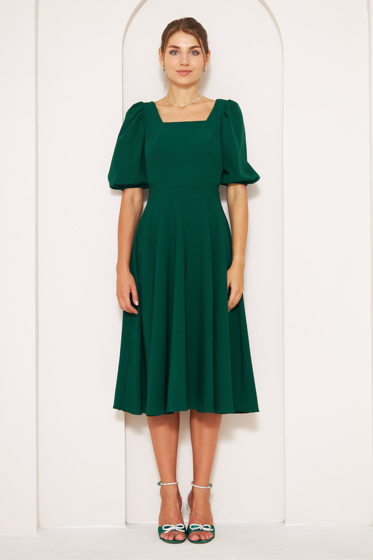 Midi Square Neck Balloon Sleeve Dress - Emerald - Bidoluelbise