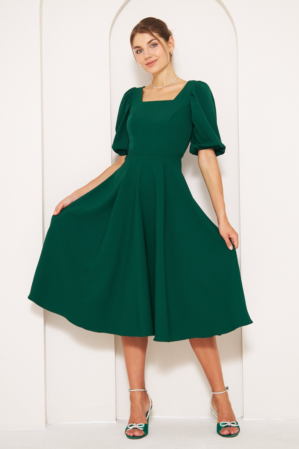 Midi Square Neck Balloon Sleeve Dress - Emerald - Bidoluelbise