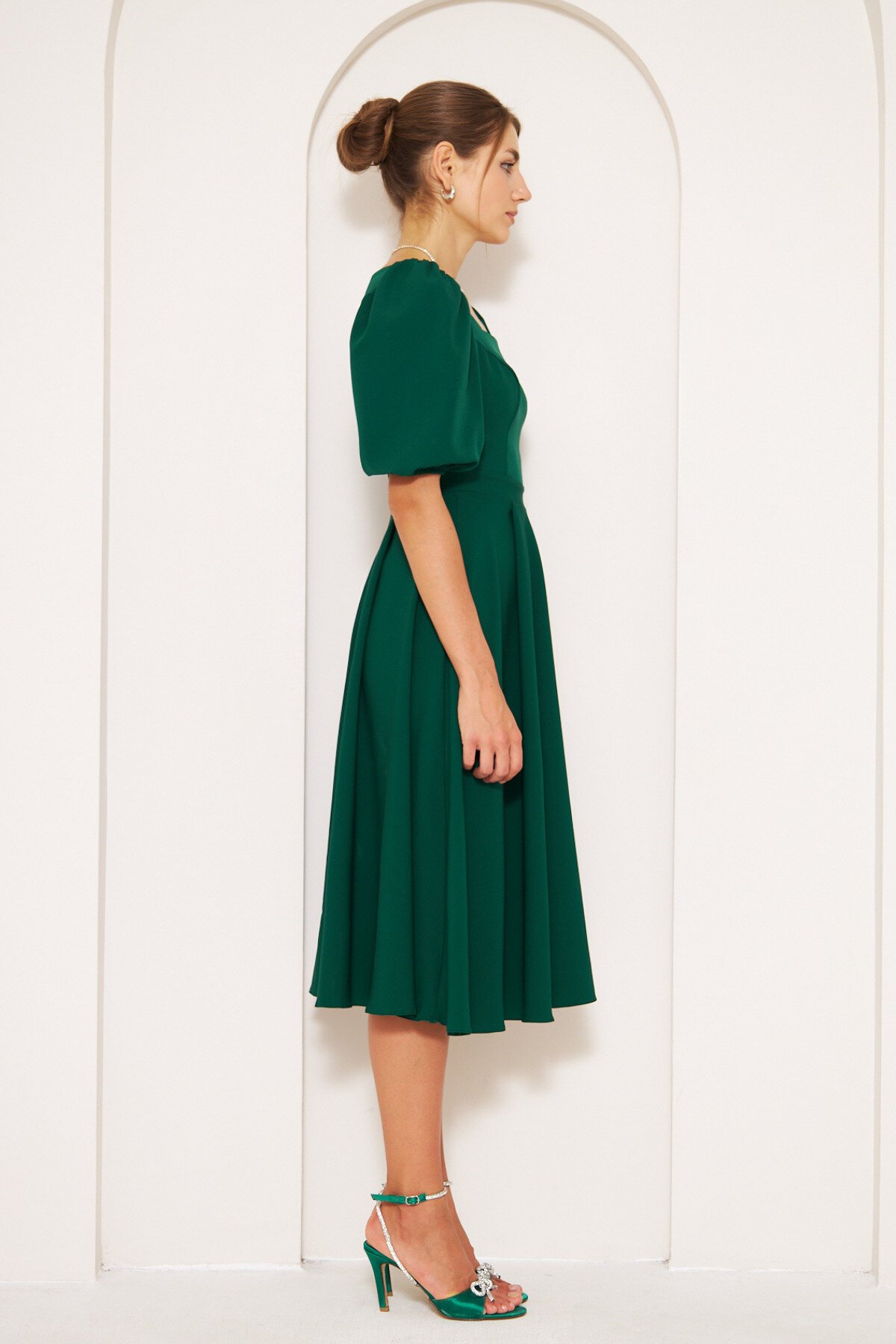 Midi Square Neck Balloon Sleeve Dress - Emerald - Bidoluelbise