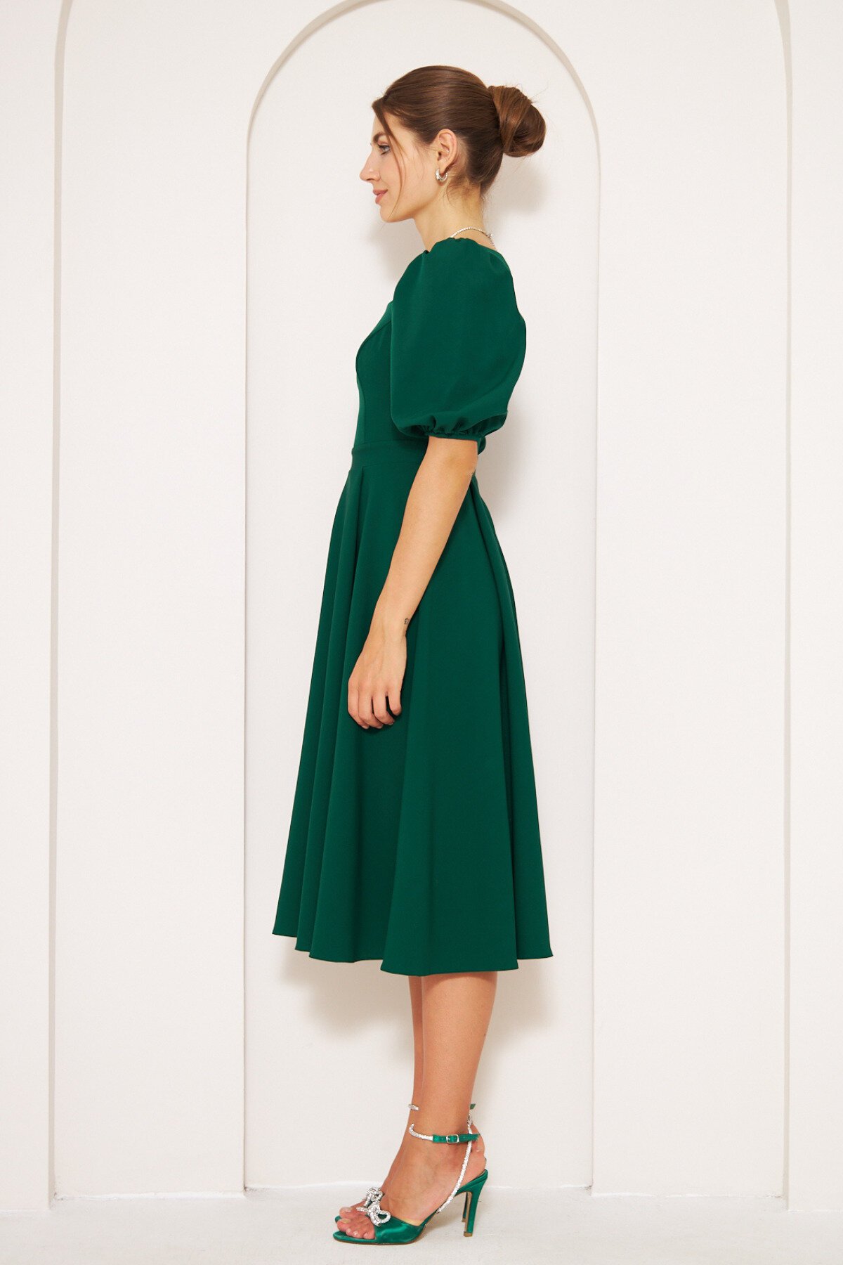 Midi Square Neck Balloon Sleeve Dress - Emerald - Bidoluelbise