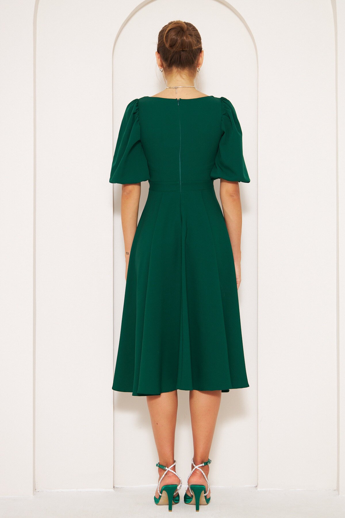 Midi Square Neck Balloon Sleeve Dress - Emerald - Bidoluelbise