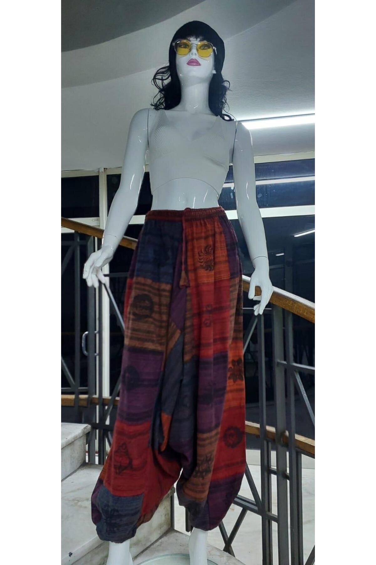 Renkli Patchwork Uniseks Şalvar Hint Otantik Yıkamalı Taşlanmış Pantolon - Bohem Stil