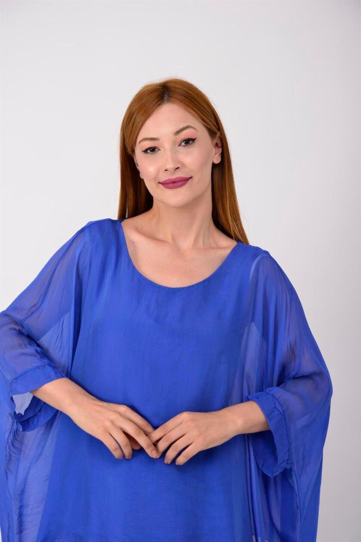 طقم بلوزة وبنطلون بأكمام خفاش أزرق ساكس ببطانة حريرية - Bohem Stil