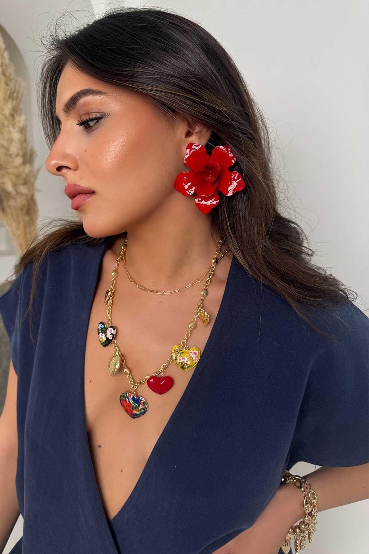 Kırmızı Mineli Çiçek Küpe - Byp Atelier