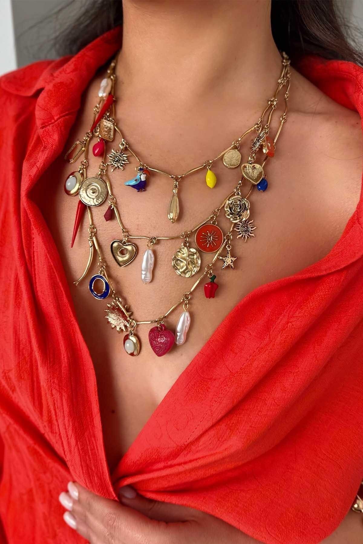 Renkli 3'lü Metal Charmlı Kolye - Byp Atelier