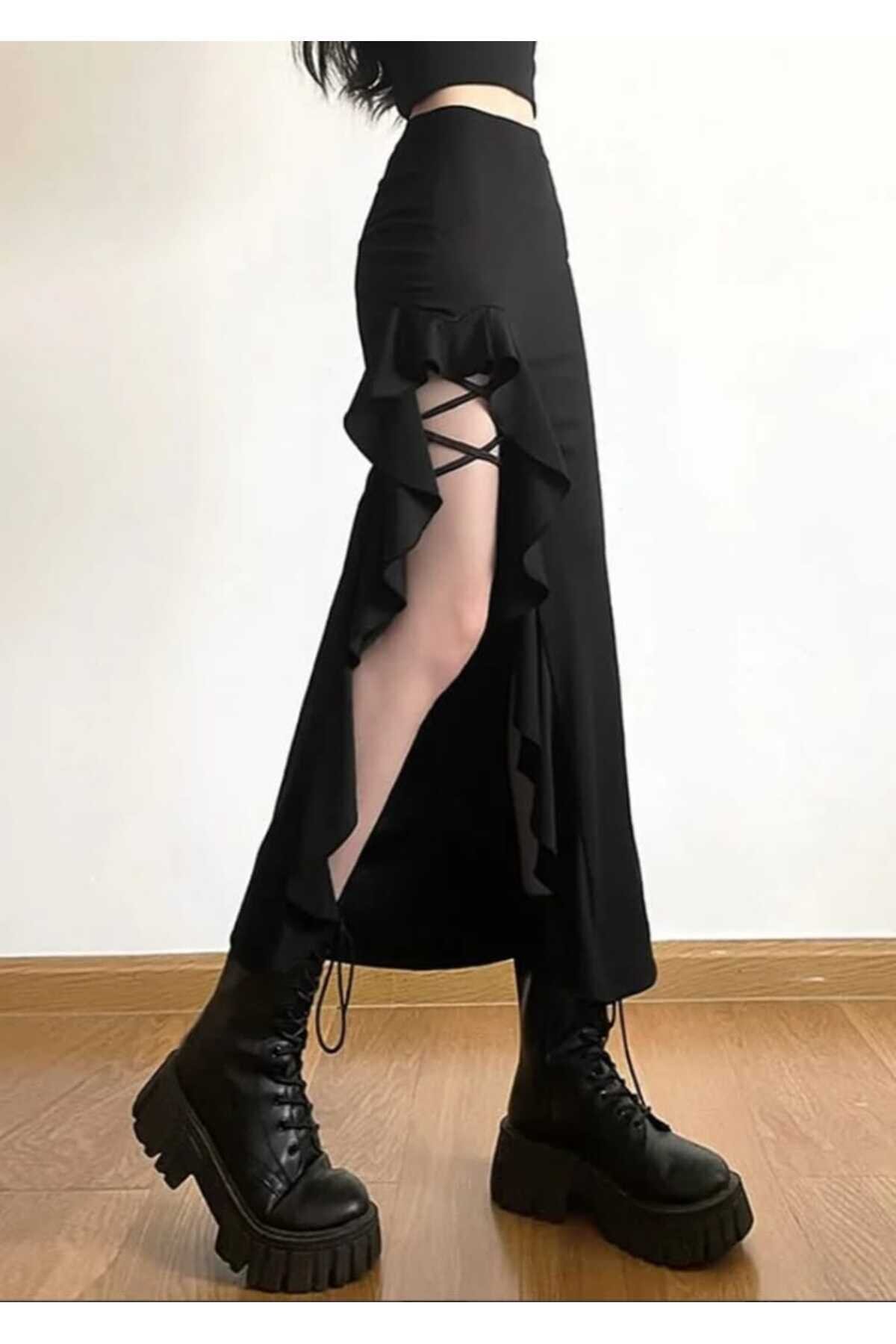 Siyah Etnik Uzun Maksi Balık Model Gotik Tarz Volanlı Yırtmaçlı Fırfırlı Etek - Charango