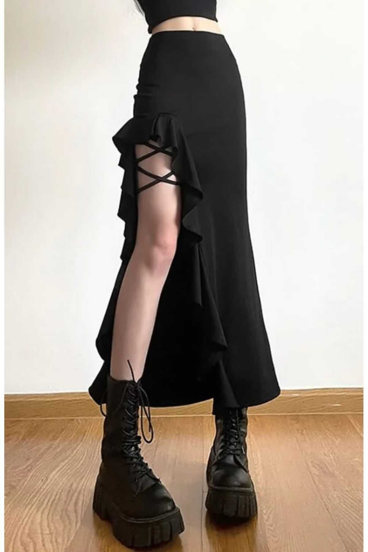 Siyah Etnik Uzun Maksi Balık Model Gotik Tarz Volanlı Yırtmaçlı Fırfırlı Etek - Charango