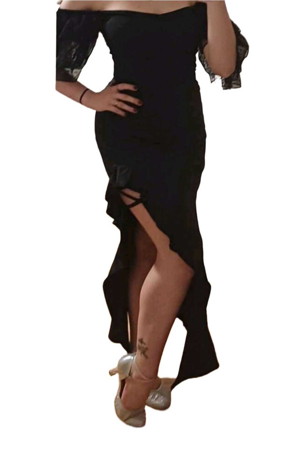 Siyah Etnik Uzun Maksi Balık Model Gotik Tarz Volanlı Yırtmaçlı Fırfırlı Etek - Charango