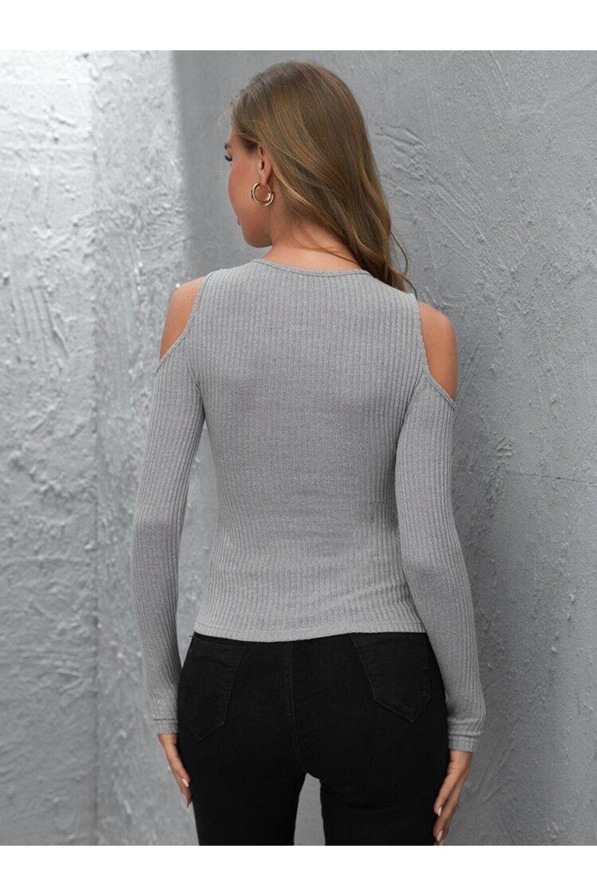 Long Sleeved Stretchy Ribbed Knit Shoulder Cut-out Blouse - Light Gray - Genel Markalar