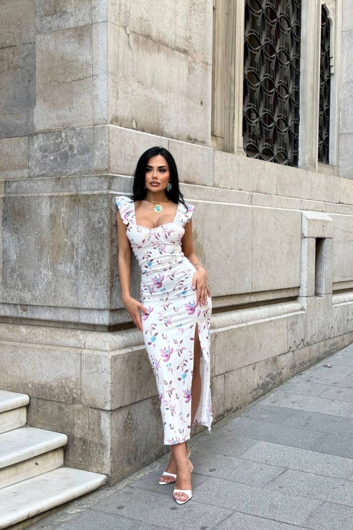 Renkli Uzun Omuz Fırfır Abiye Elbise - Limited Black