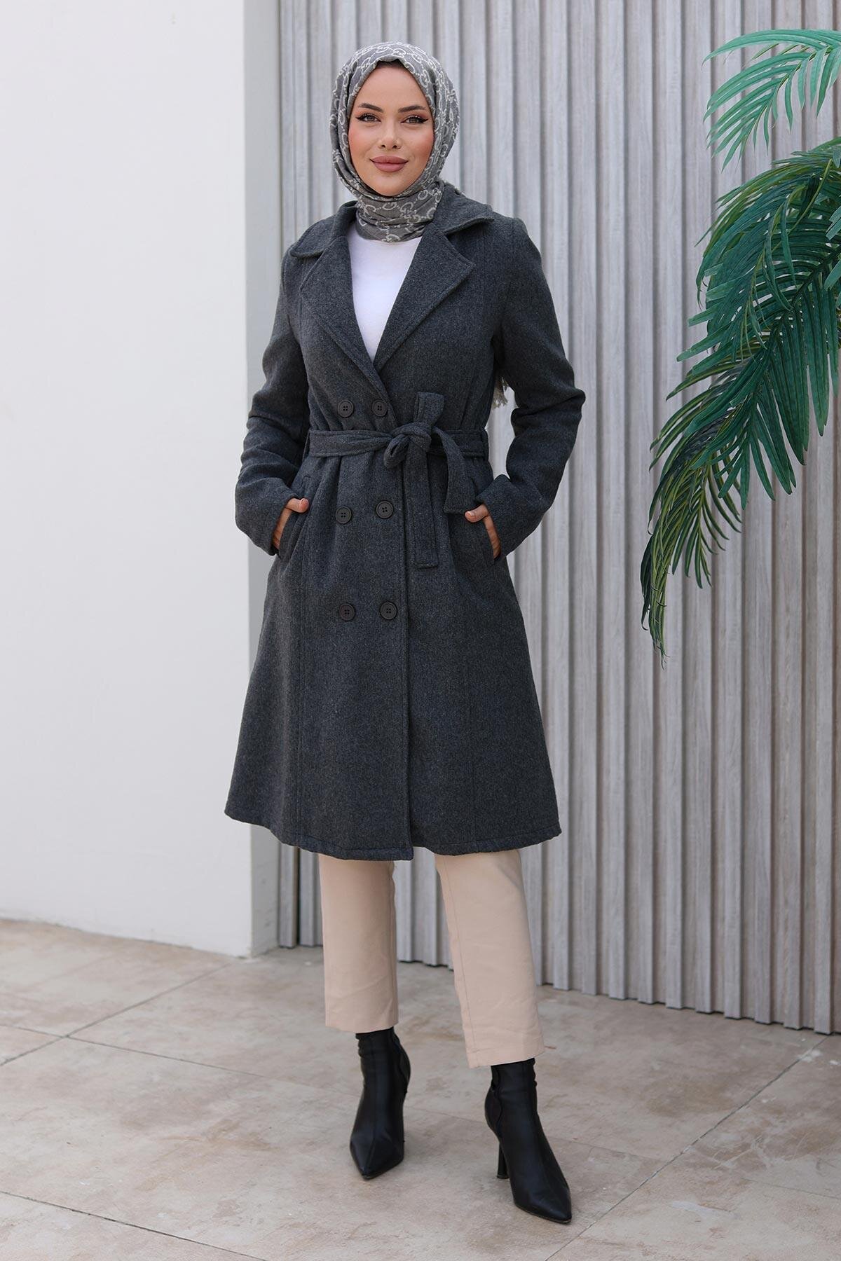 معطف جوخ فحمي بتفاصيل أزرار - Misskayle