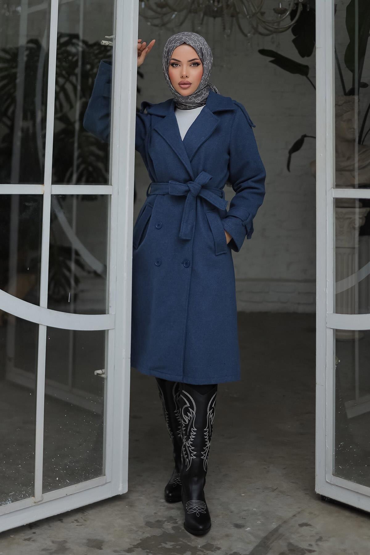 İndigo Kaşe Apolet Detaylı Kaban - Misskayle