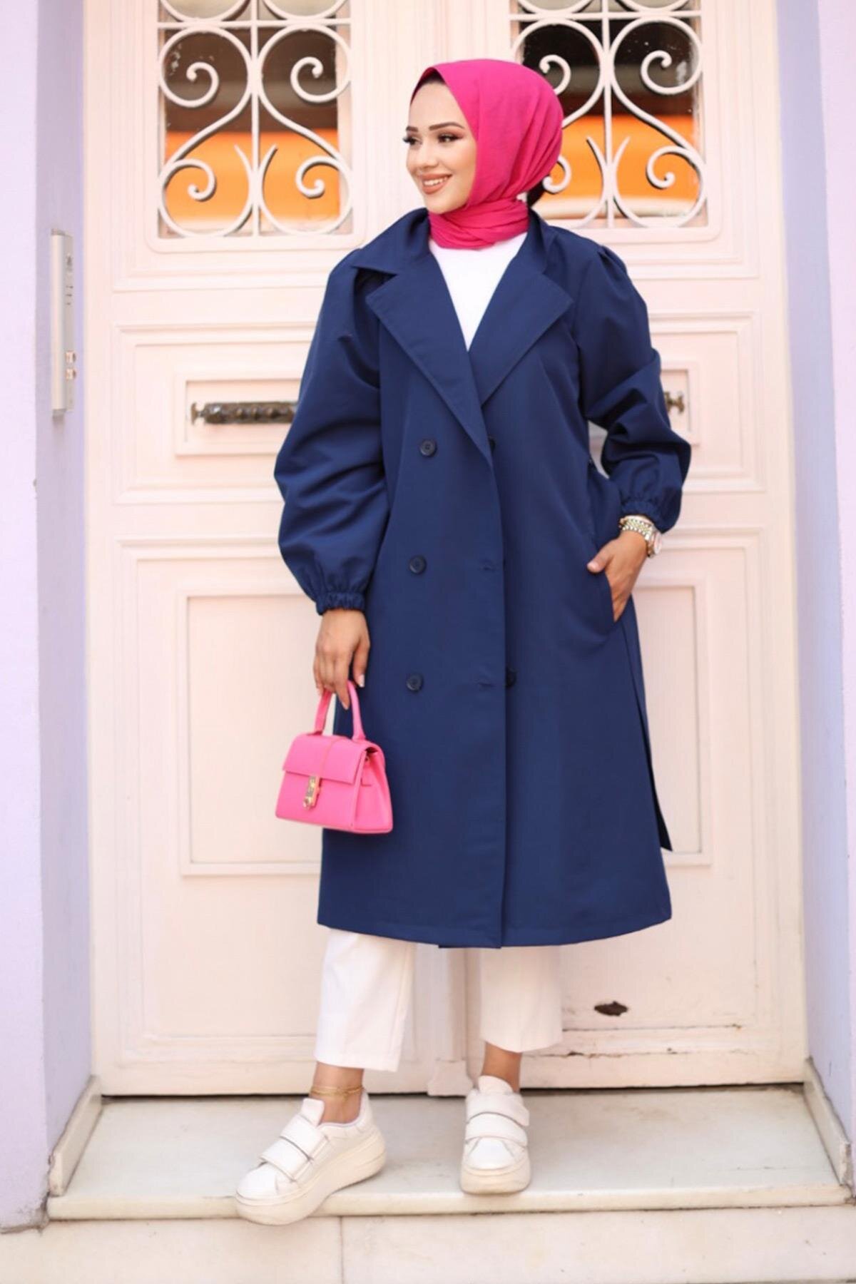 Pleated Shoulder Detail Trench Coat - Navy Blue - Misskayle