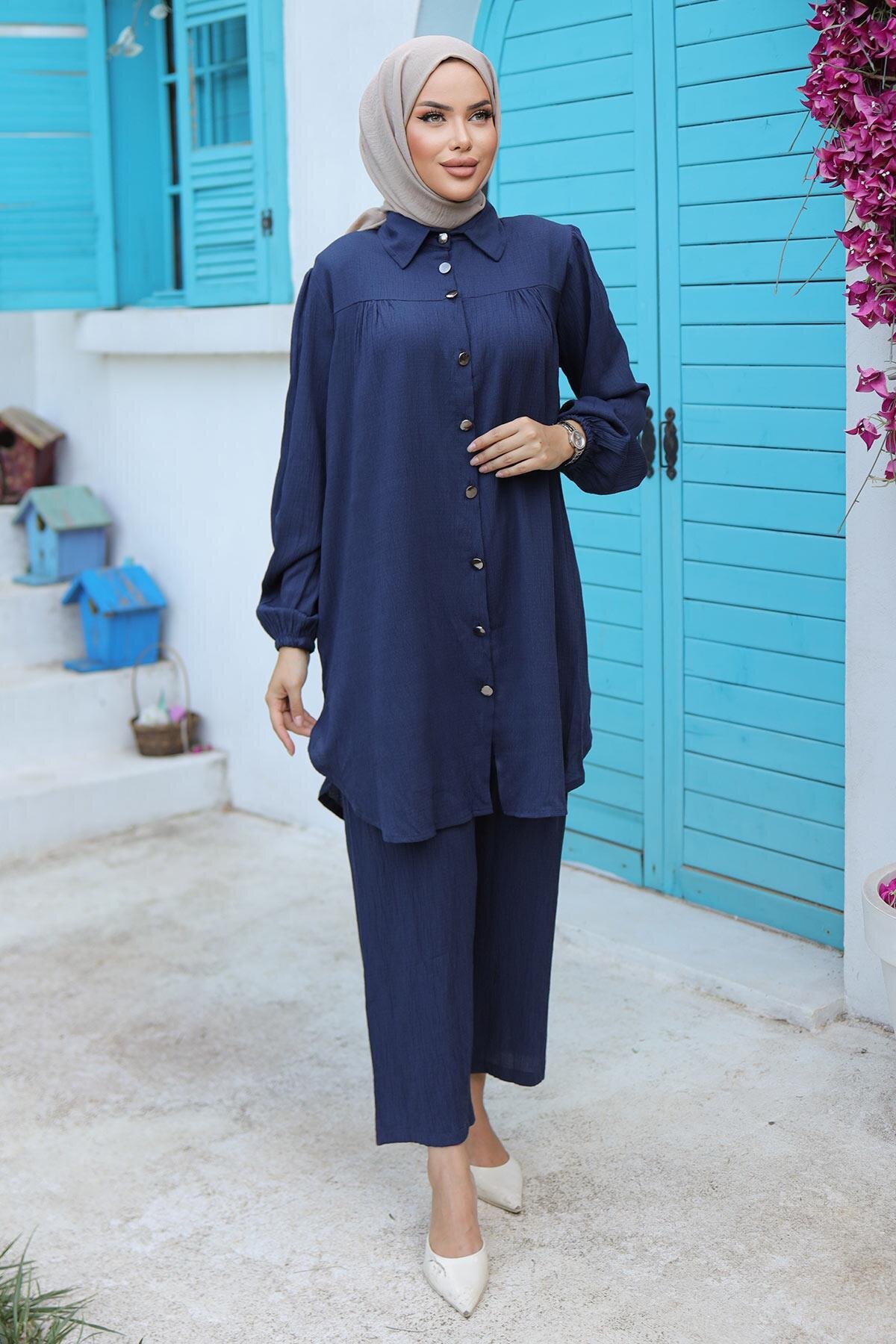 Modest Ruched Detail Two-Piece Set - Navy Blue - Misskayle