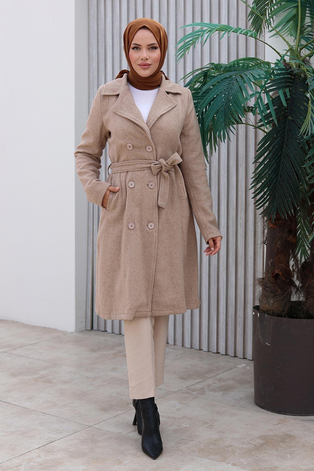 Button-Detailed Felted Coat - Mink - Misskayle