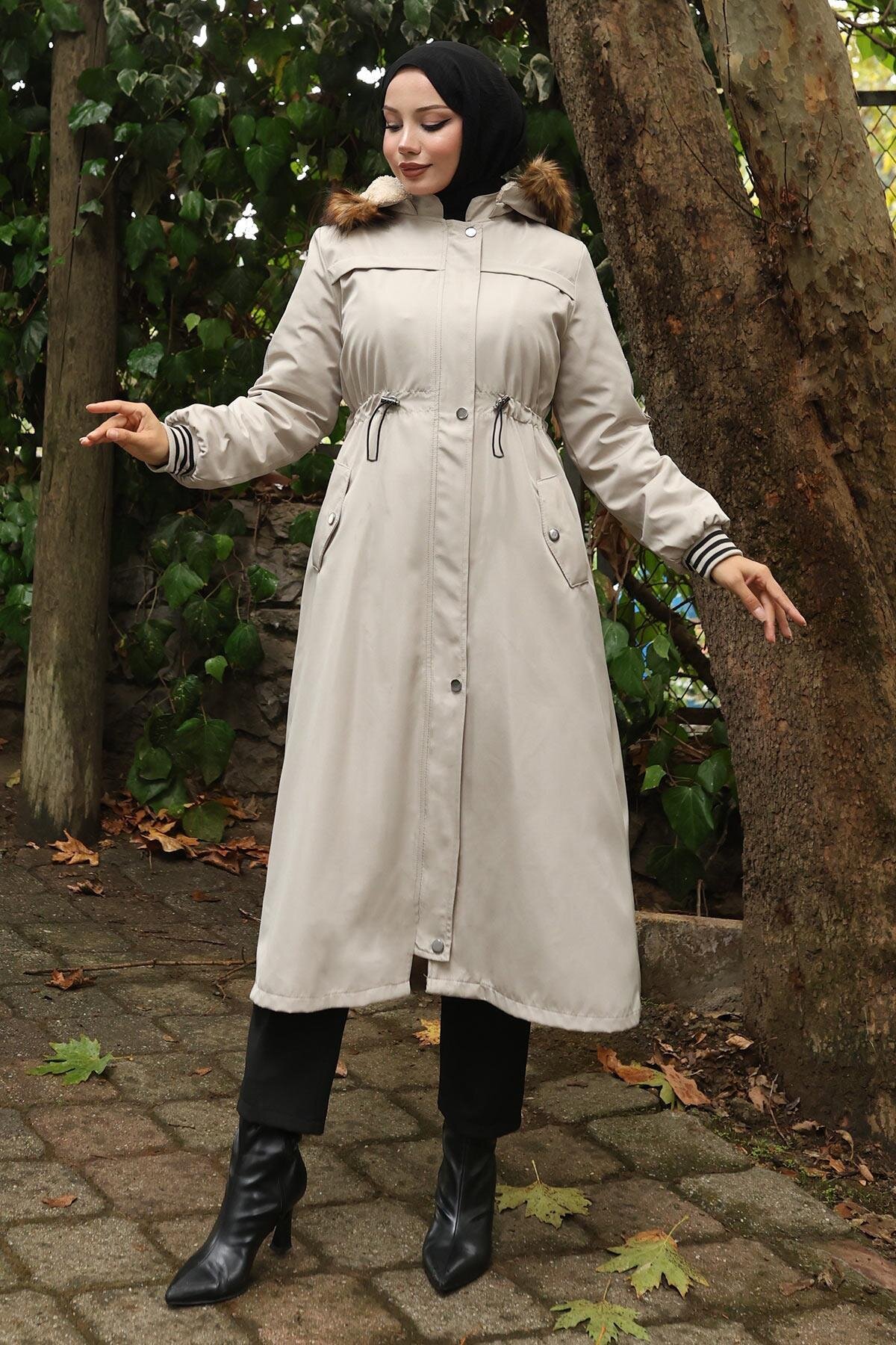 Bej Beli Bağcıklı Kürk Yakalı Mont - Missvalle