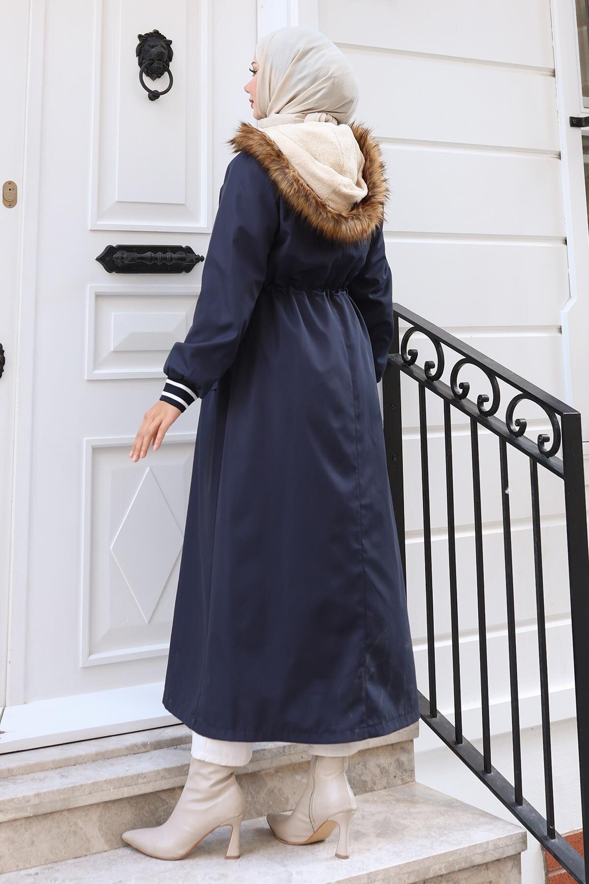 Hooded Patch Detail Coat - Navy Blue - Missvalle