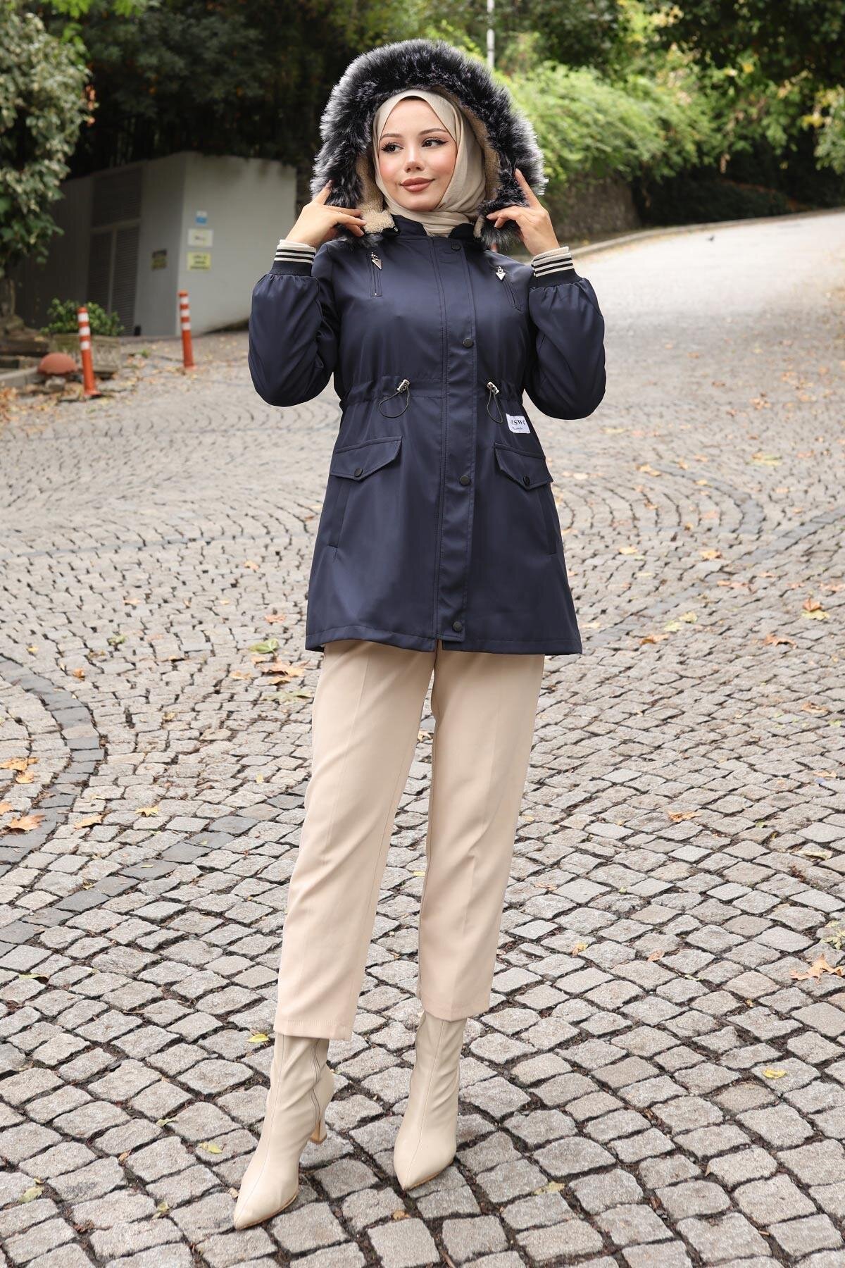 Hooded Zippered Coat - Navy Blue - Missvalle