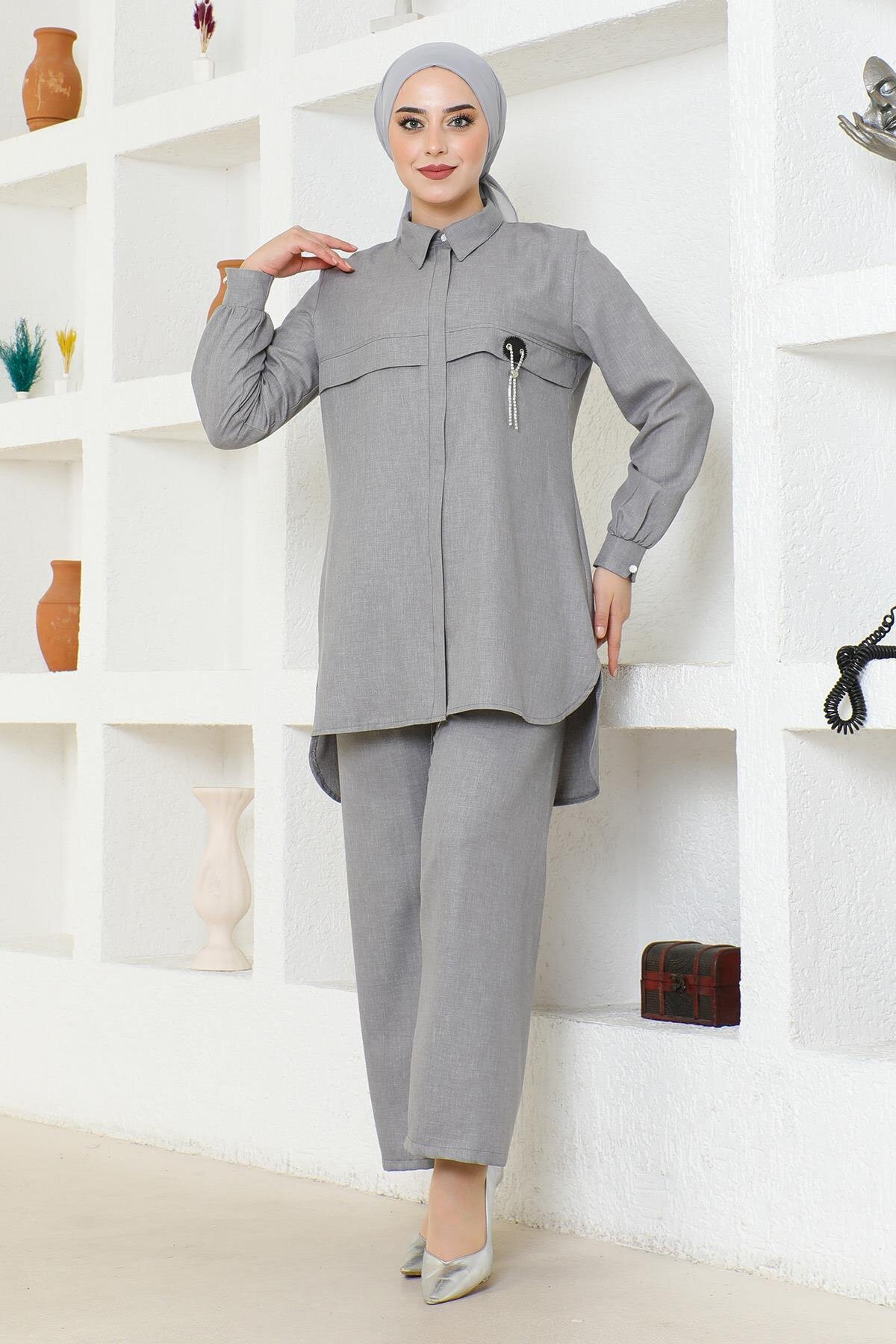 Gri Arması Zincirli Tesettür İkili Takım - Modamihram