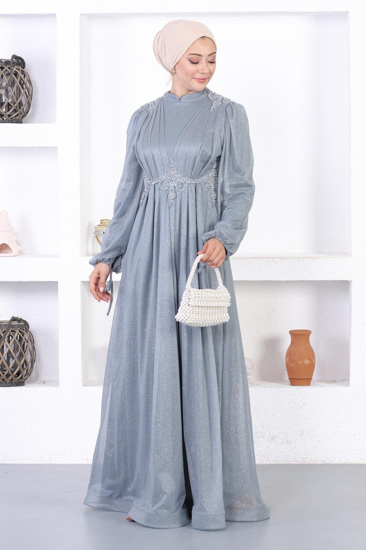 Gri Dantelli Simli Tesettür İncili Abiye Elbise - Modamihram