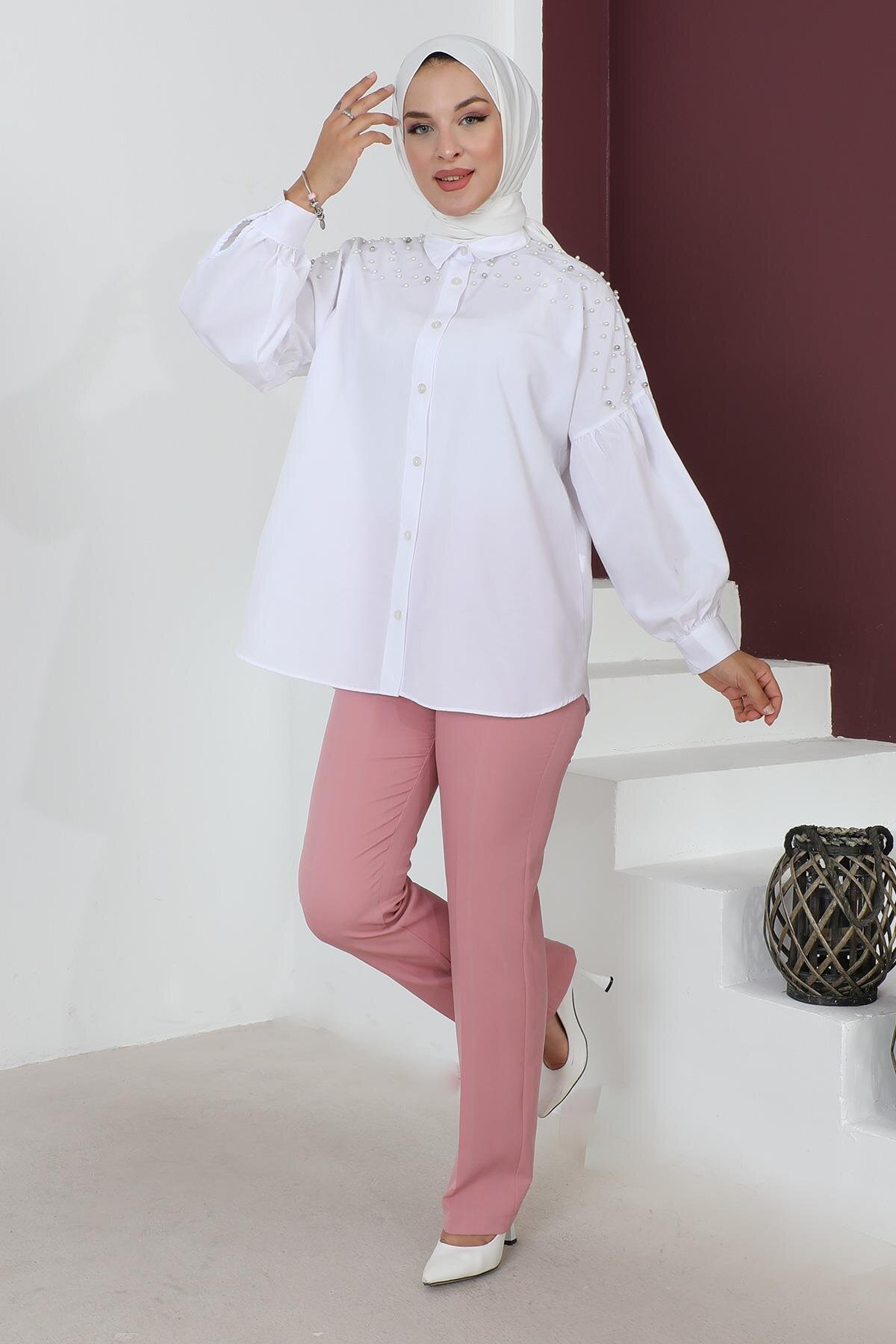 Stripe Detail Modest Pants - Dusty Rose - Modamihram